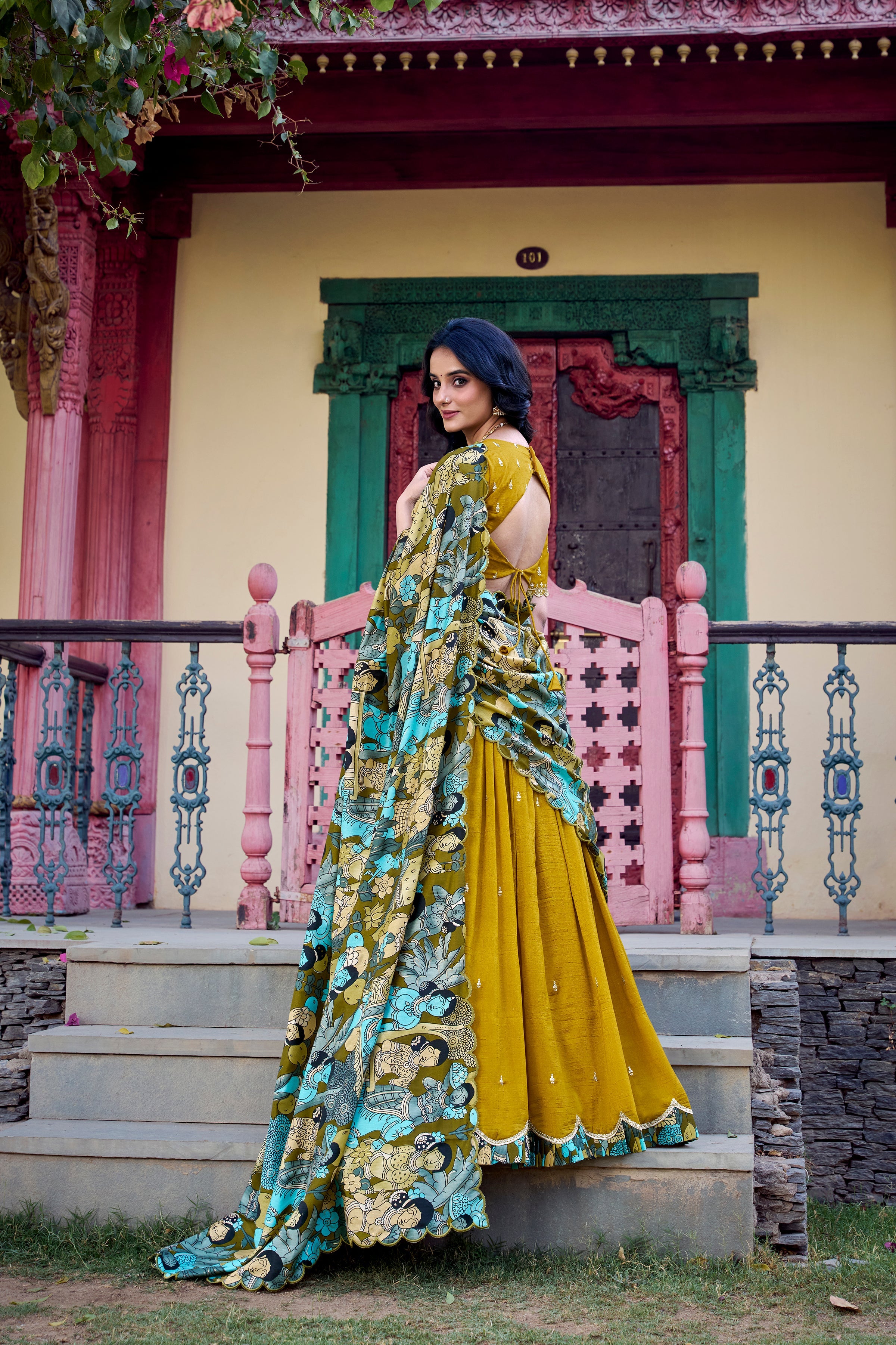 Lorenvalley Mustard Vichitra Silk Sequins and Thread Embroidery Work with Kalamkari Print Border Lehenga Choli with Dupatta
