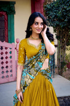 Lorenvalley Mustard Vichitra Silk Sequins and Thread Embroidery Work with Kalamkari Print Border Lehenga Choli with Dupatta