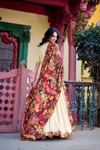 Lorenvalley Off White Vichitra Silk Sequins and Thread Embroidery Work with Kalamkari Print Border Lehenga Choli with Dupatta