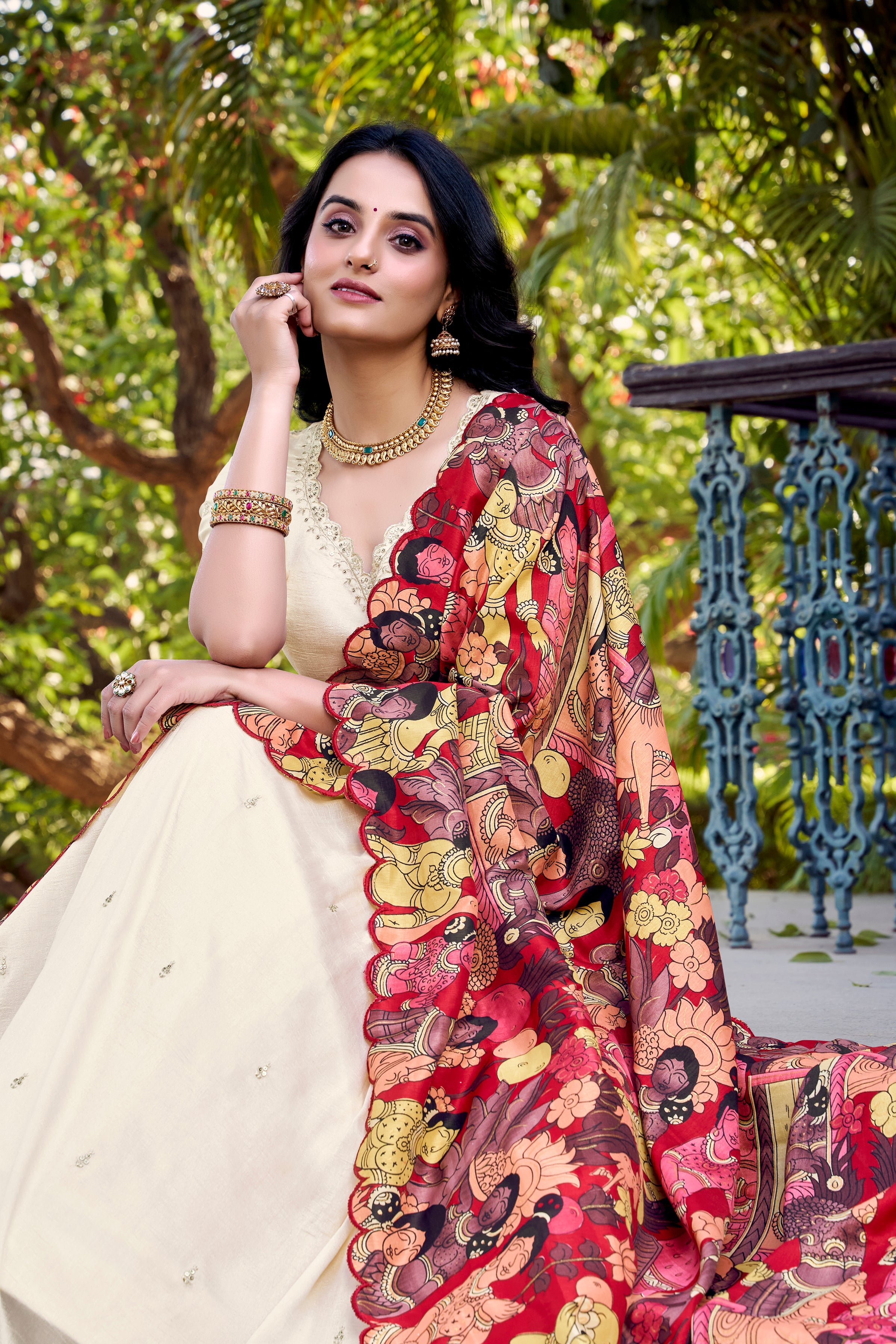 Lorenvalley Off White Vichitra Silk Sequins and Thread Embroidery Work with Kalamkari Print Border Lehenga Choli with Dupatta