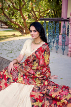 Lorenvalley Off White Vichitra Silk Sequins and Thread Embroidery Work with Kalamkari Print Border Lehenga Choli with Dupatta