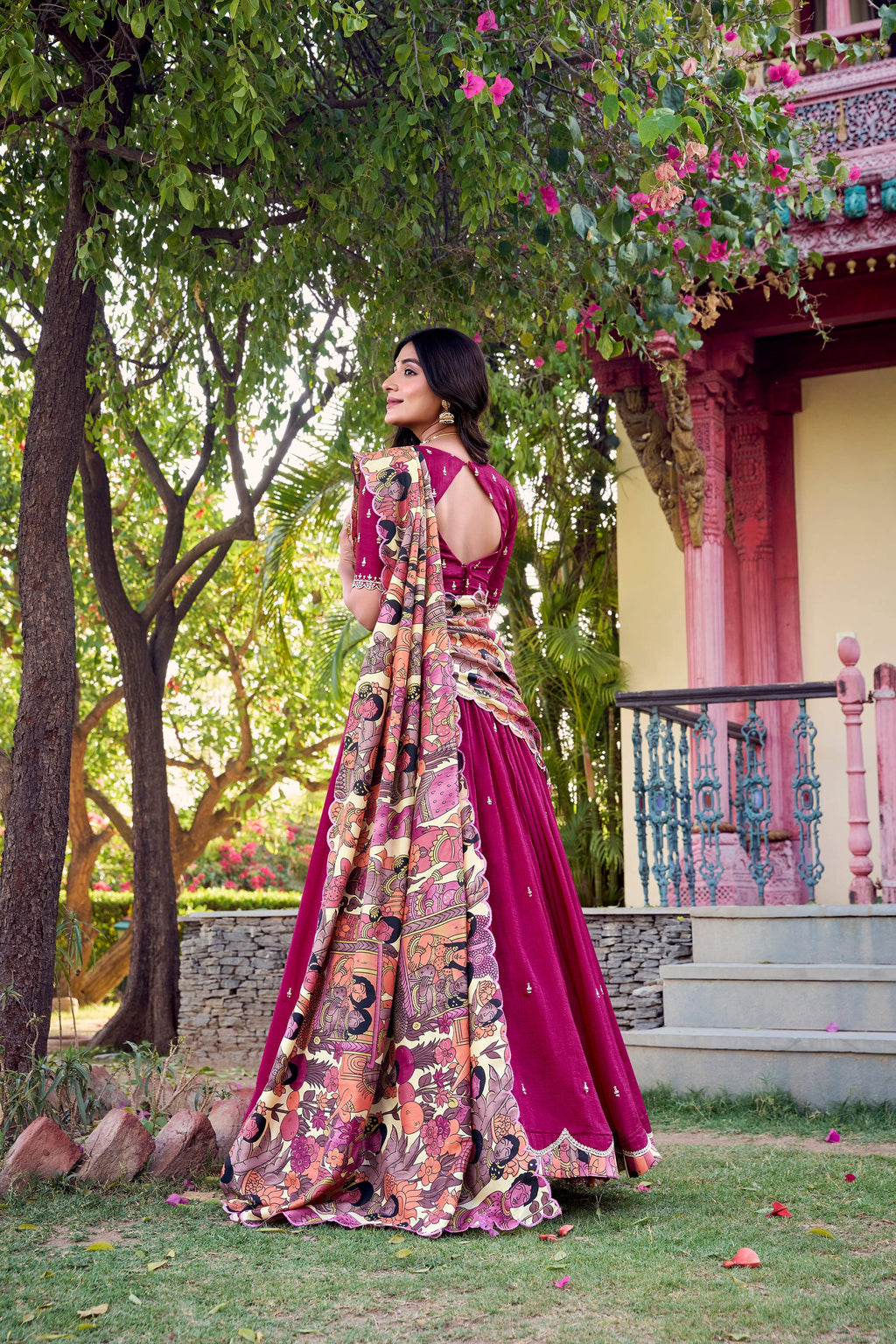 Lorenvalley Pink Vichitra Silk Sequins and Thread Embroidery Work with Kalamkari Print Border Lehenga Choli with Dupatta
