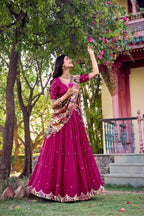 Lorenvalley Pink Vichitra Silk Sequins and Thread Embroidery Work with Kalamkari Print Border Lehenga Choli with Dupatta