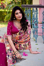 Lorenvalley Pink Vichitra Silk Sequins and Thread Embroidery Work with Kalamkari Print Border Lehenga Choli with Dupatta