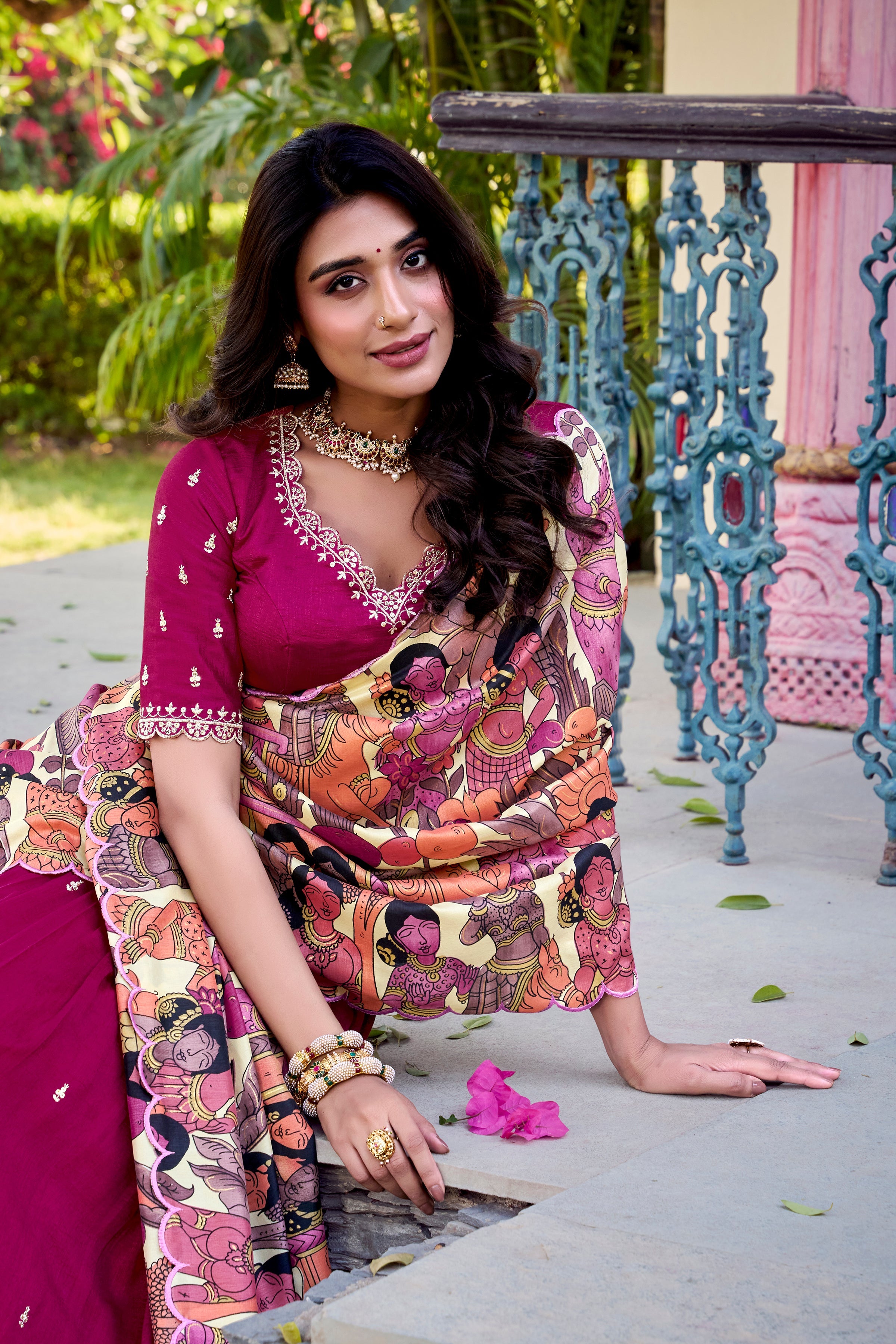 Lorenvalley Pink Vichitra Silk Sequins and Thread Embroidery Work with Kalamkari Print Border Lehenga Choli with Dupatta