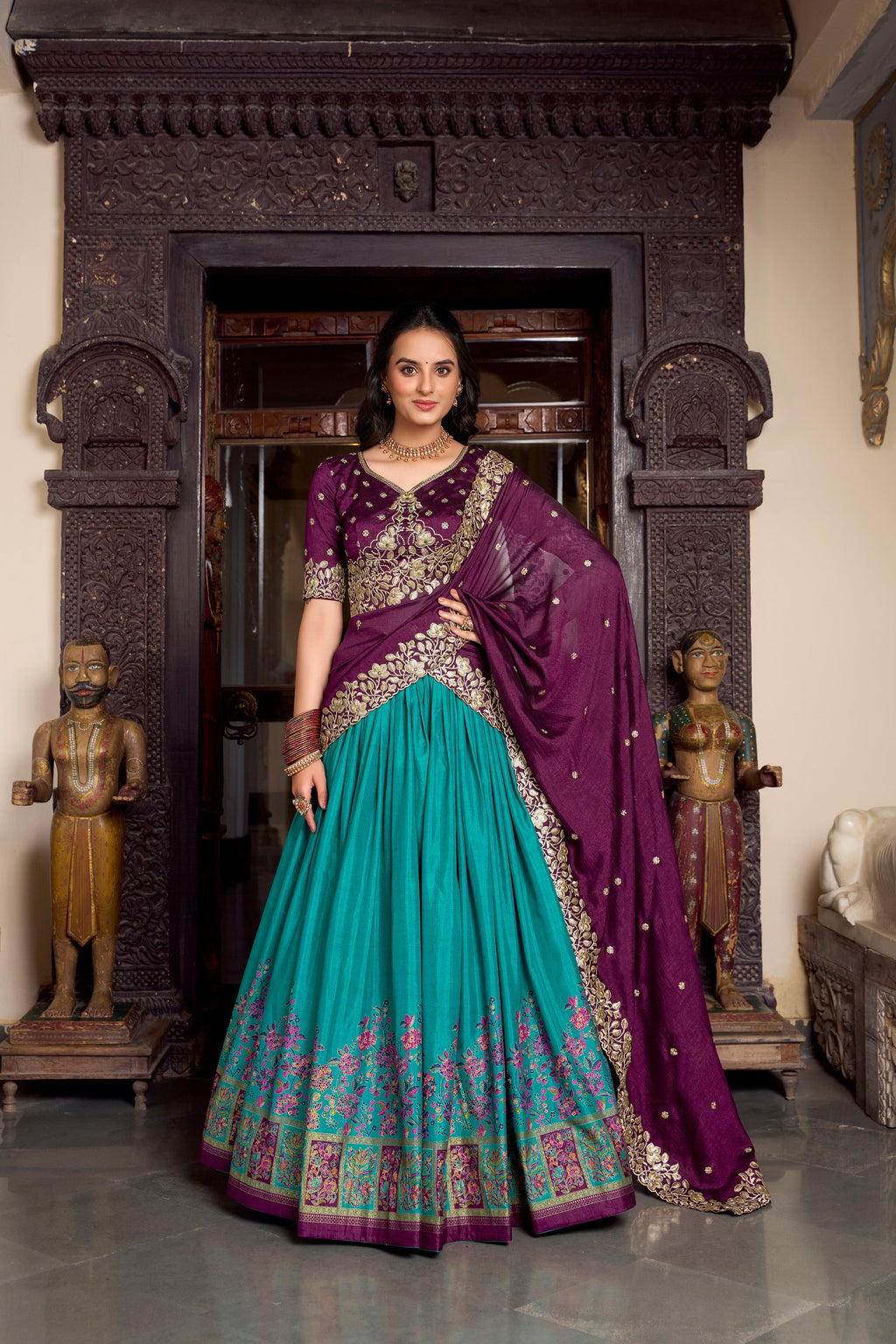 Lorenvalley Firozi Tussar Silk Printed With Foil Work Lehenga Choli with Dupatta