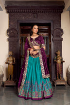 Lorenvalley Firozi Tussar Silk Printed With Foil Work Lehenga Choli with Dupatta