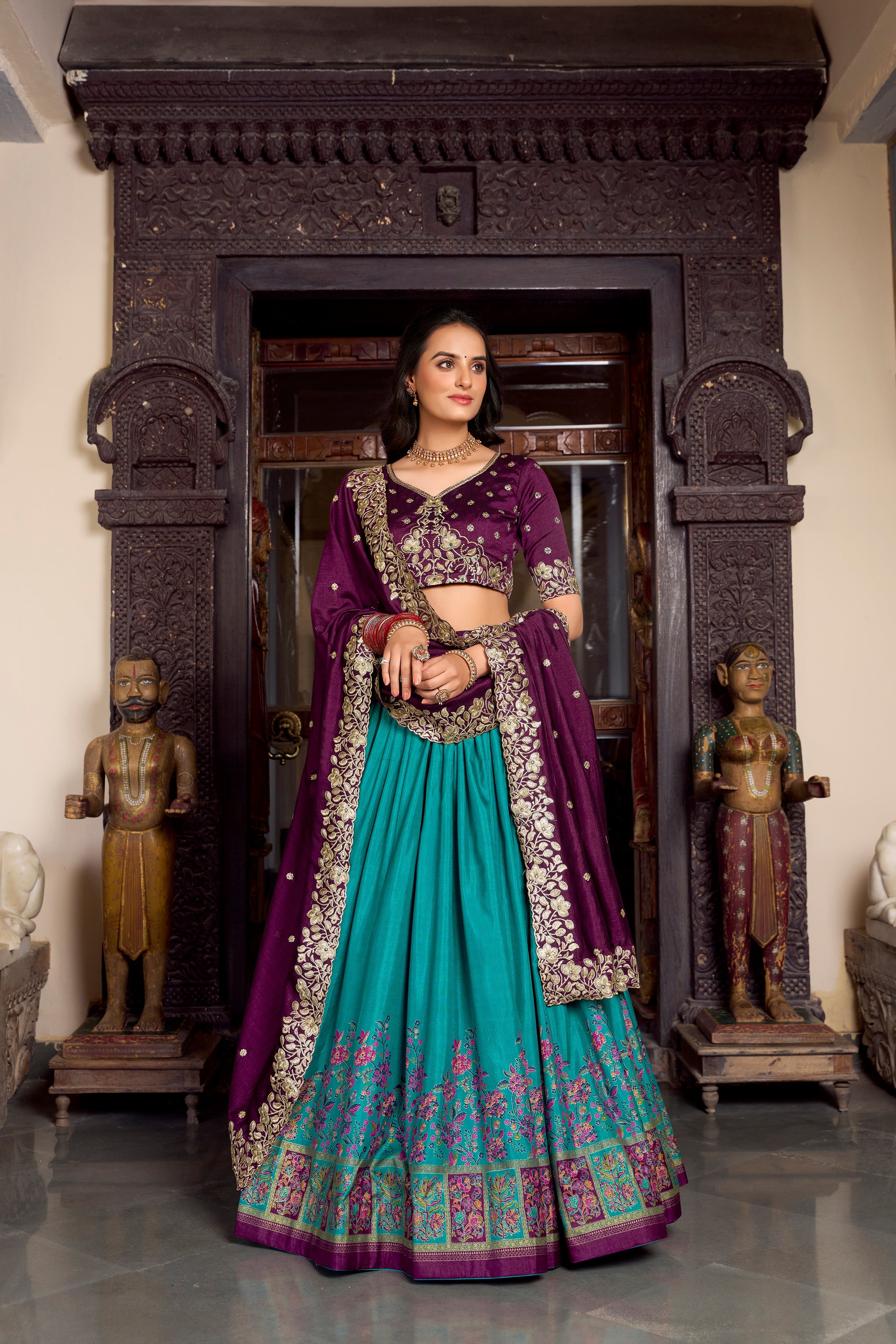 Lorenvalley Firozi Tussar Silk Printed With Foil Work Lehenga Choli with Dupatta
