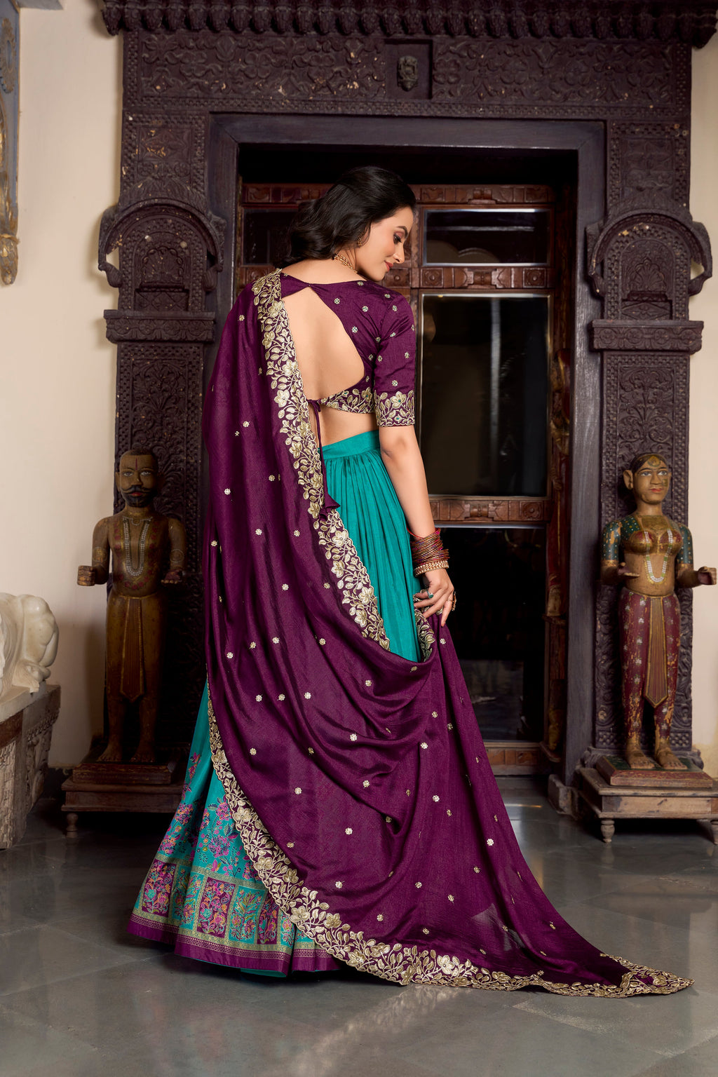 Lorenvalley Firozi Tussar Silk Printed With Foil Work Lehenga Choli with Dupatta