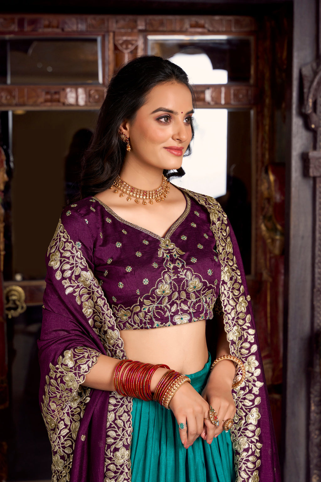 Lorenvalley Firozi Tussar Silk Printed With Foil Work Lehenga Choli with Dupatta