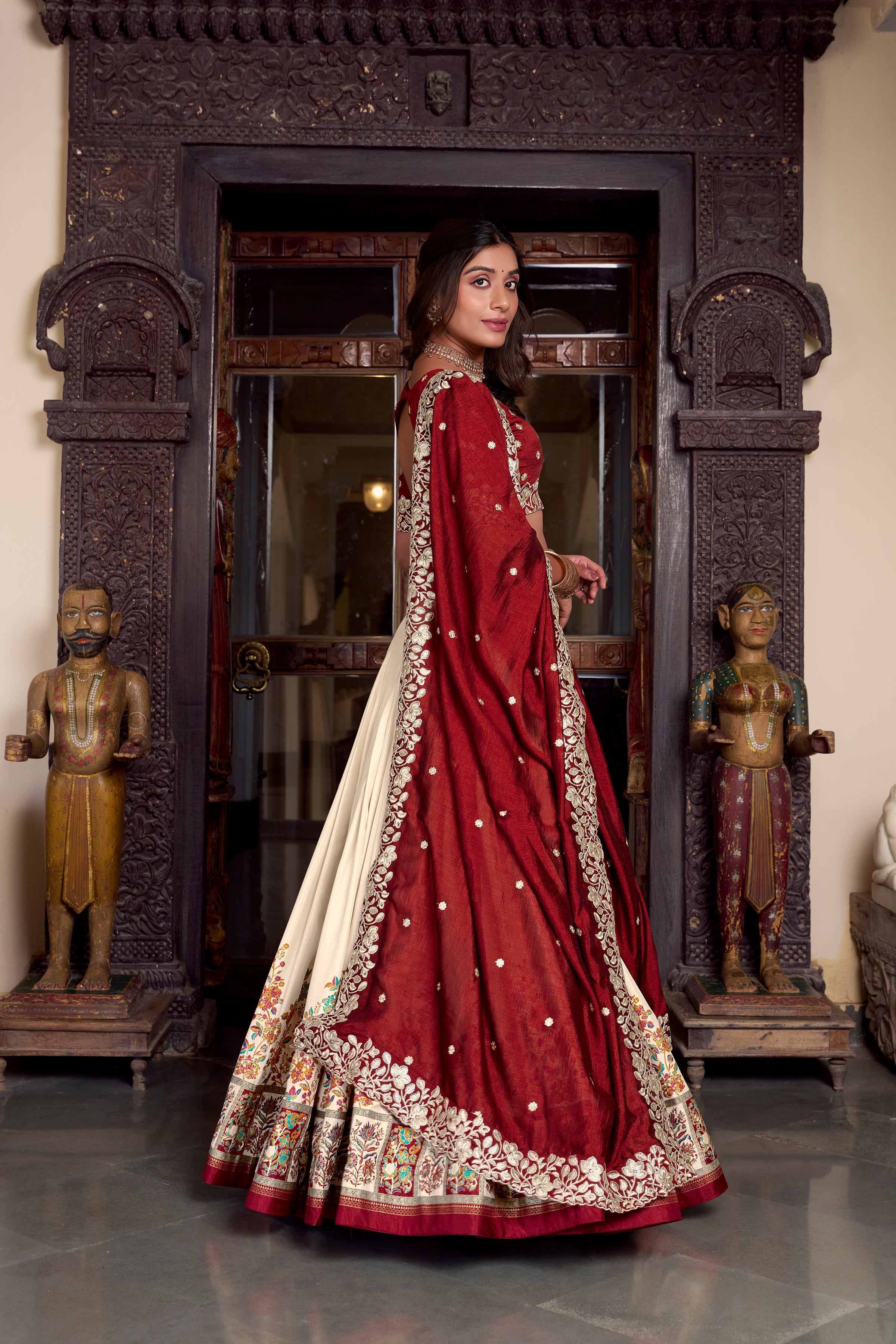 Lorenvalley Off White Tussar Silk Printed With Foil Work Lehenga Choli with Dupatta