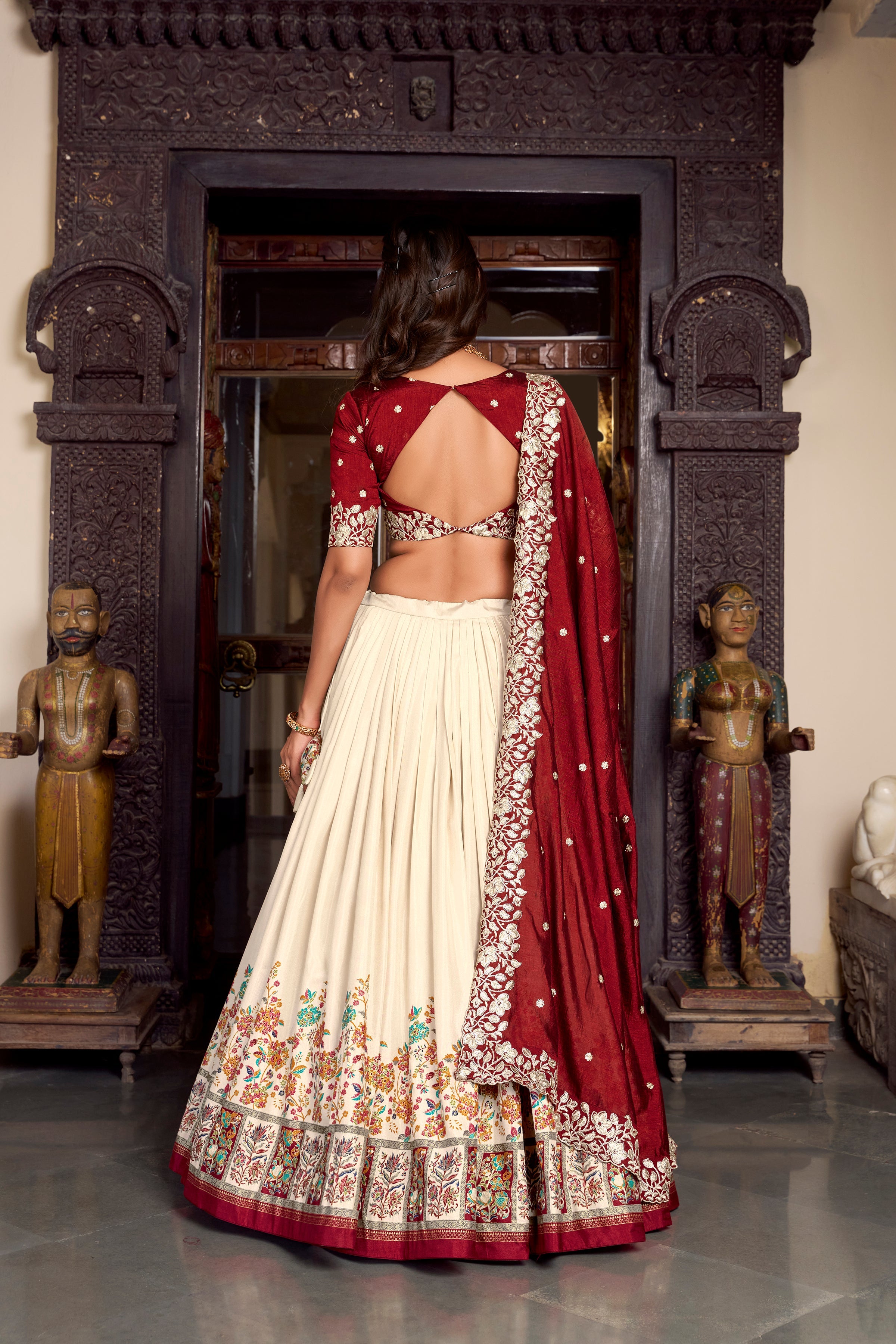 Lorenvalley Off White Tussar Silk Printed With Foil Work Lehenga Choli with Dupatta
