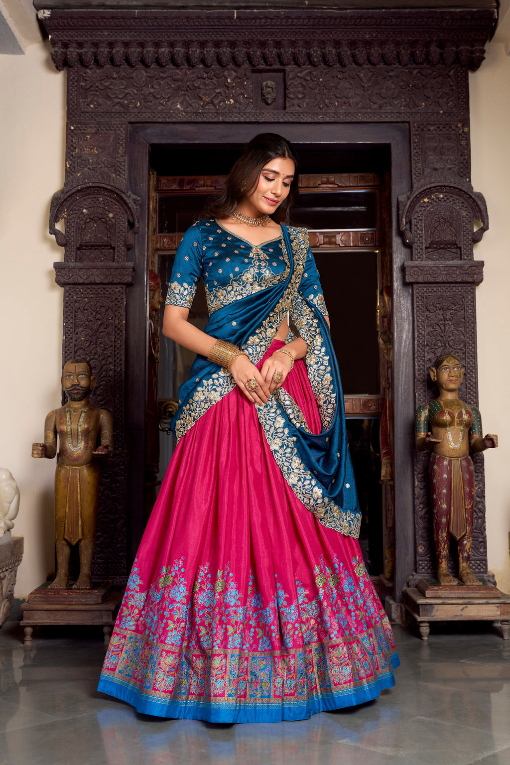 Lorenvalley Pink Tussar Silk Printed With Foil Work Lehenga Choli with Dupatta