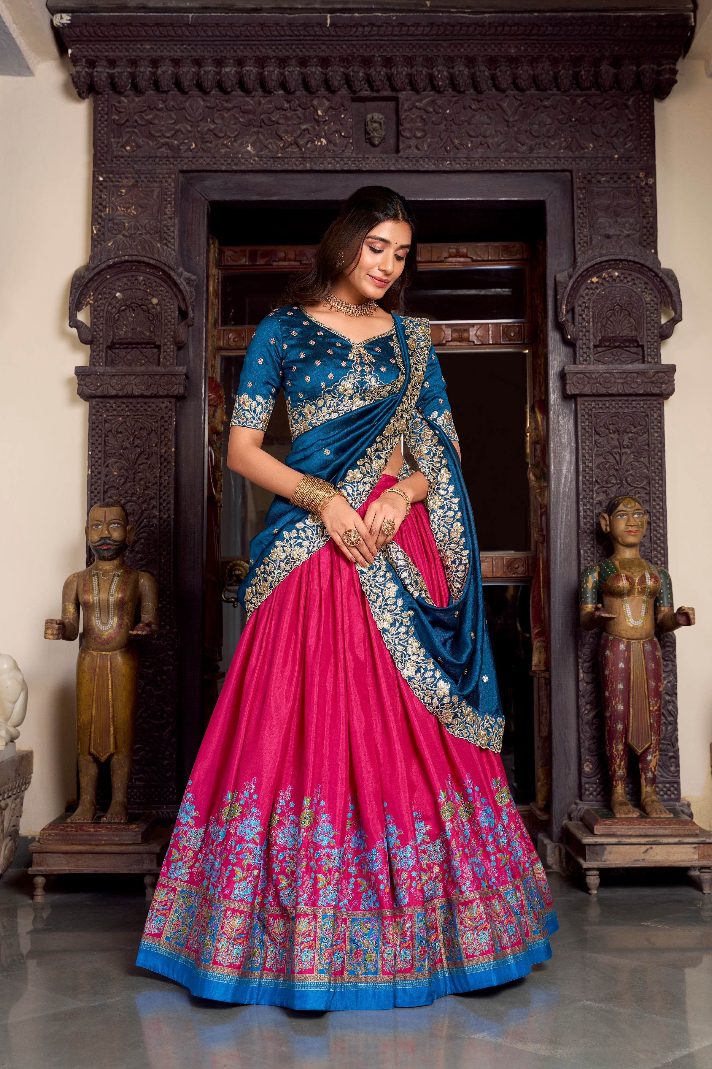 Lorenvalley Pink Tussar Silk Printed With Foil Work Lehenga Choli with Dupatta