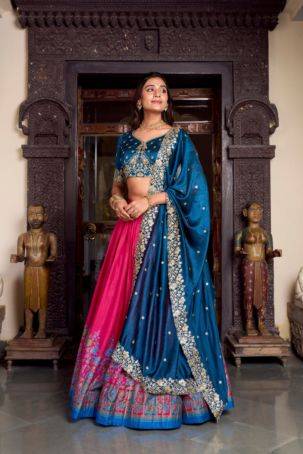 Lorenvalley Pink Tussar Silk Printed With Foil Work Lehenga Choli with Dupatta