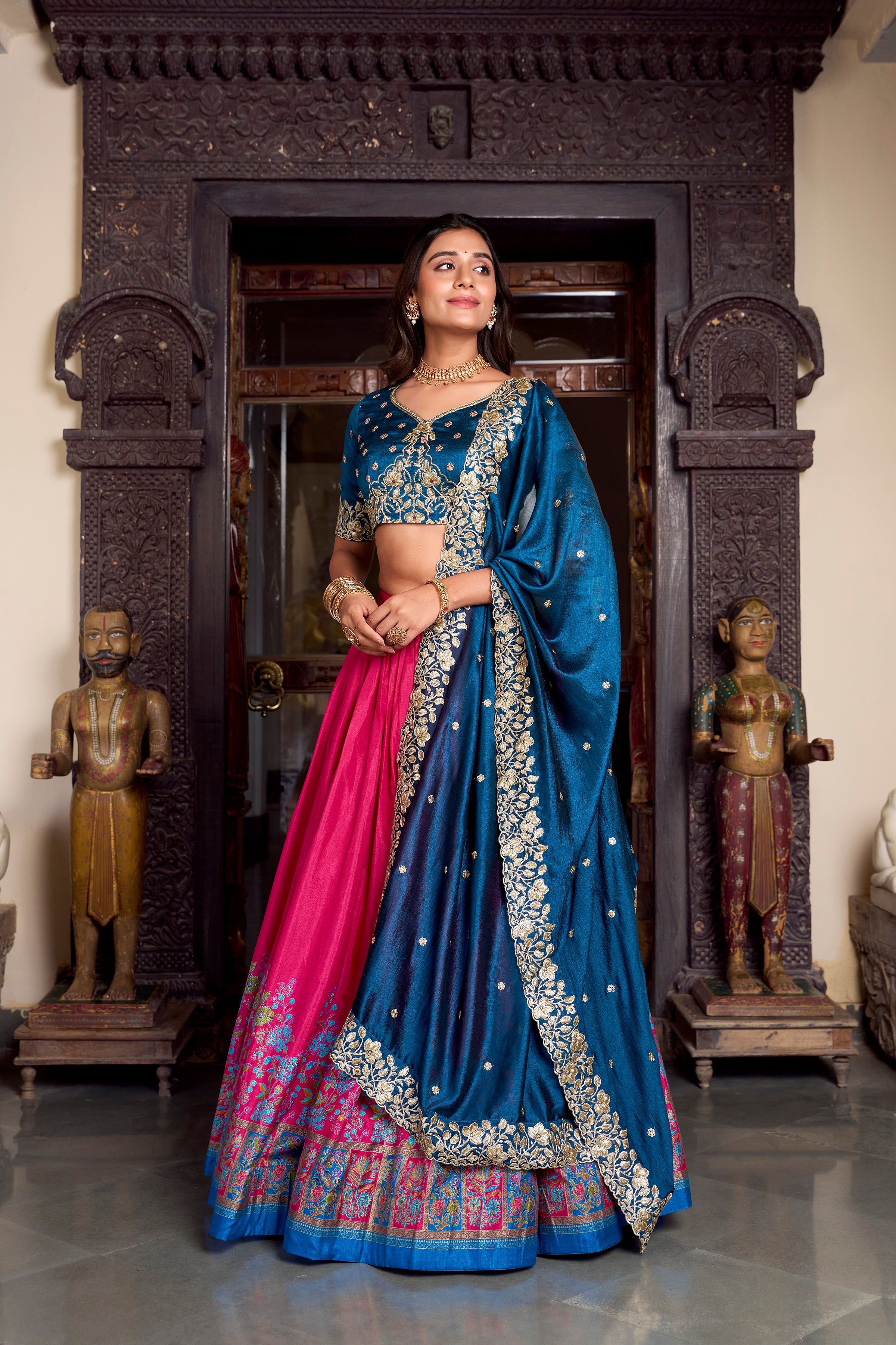 Lorenvalley Pink Tussar Silk Printed With Foil Work Lehenga Choli with Dupatta