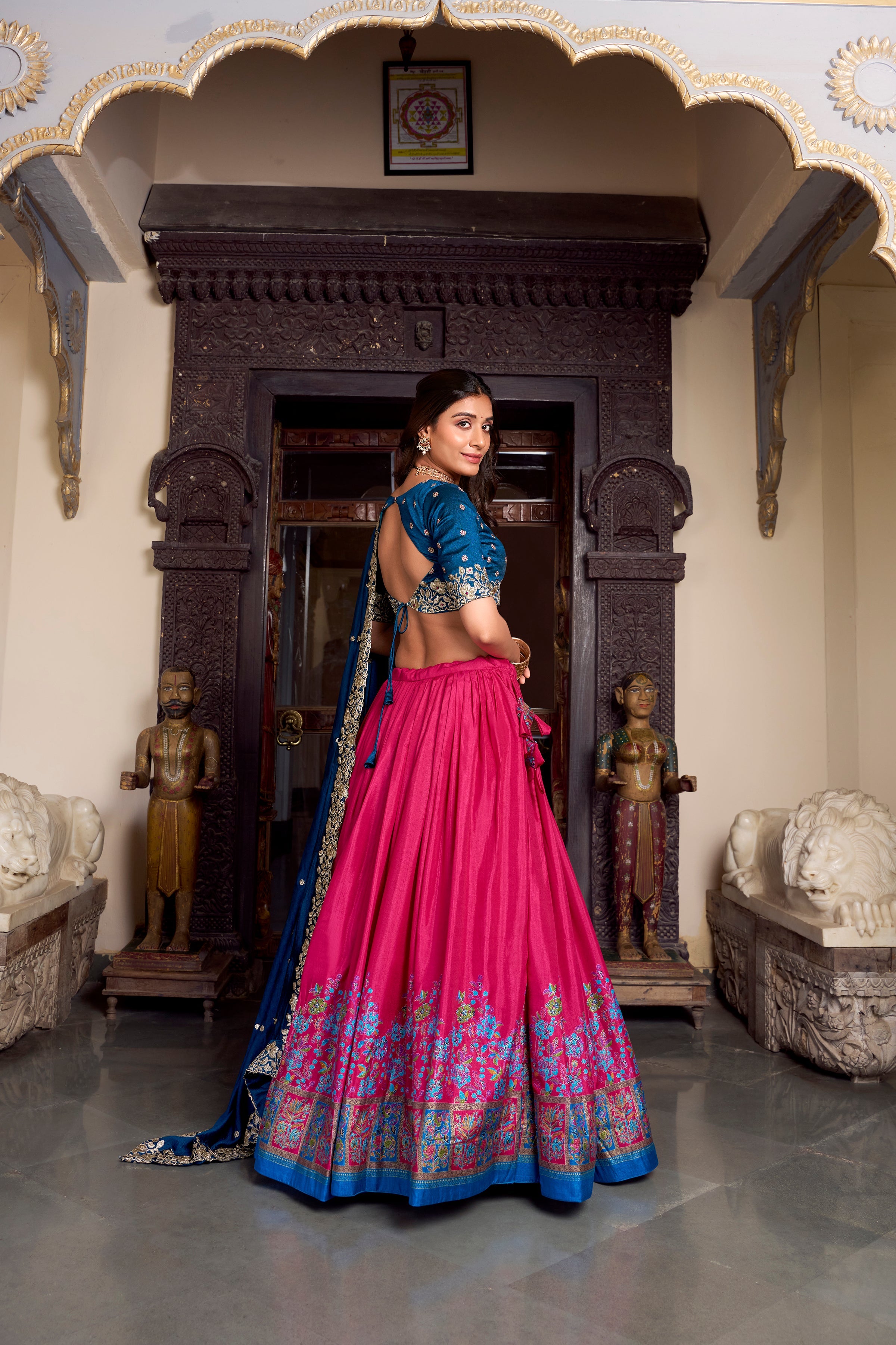 Lorenvalley Pink Tussar Silk Printed With Foil Work Lehenga Choli with Dupatta