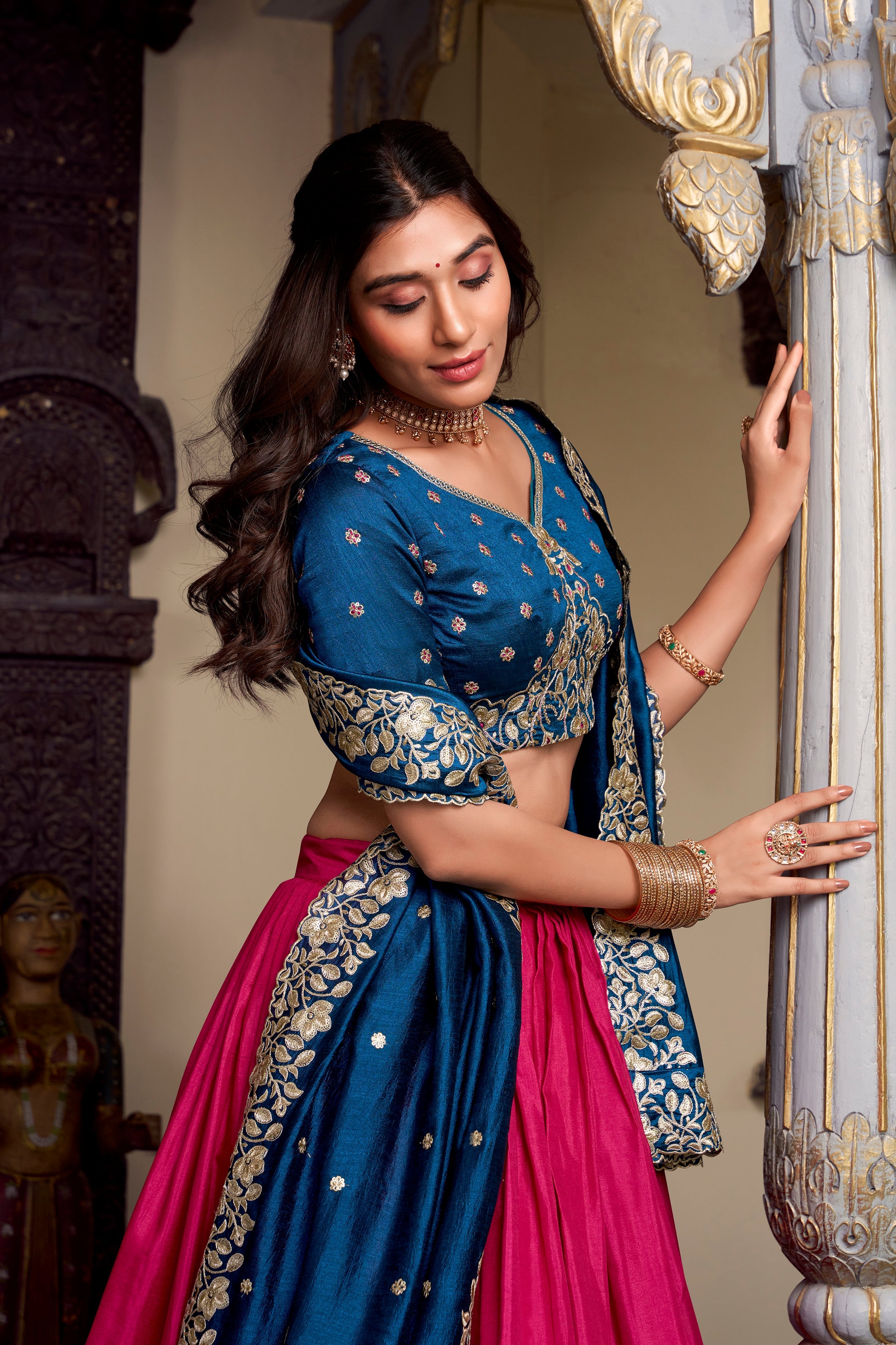 Lorenvalley Pink Tussar Silk Printed With Foil Work Lehenga Choli with Dupatta