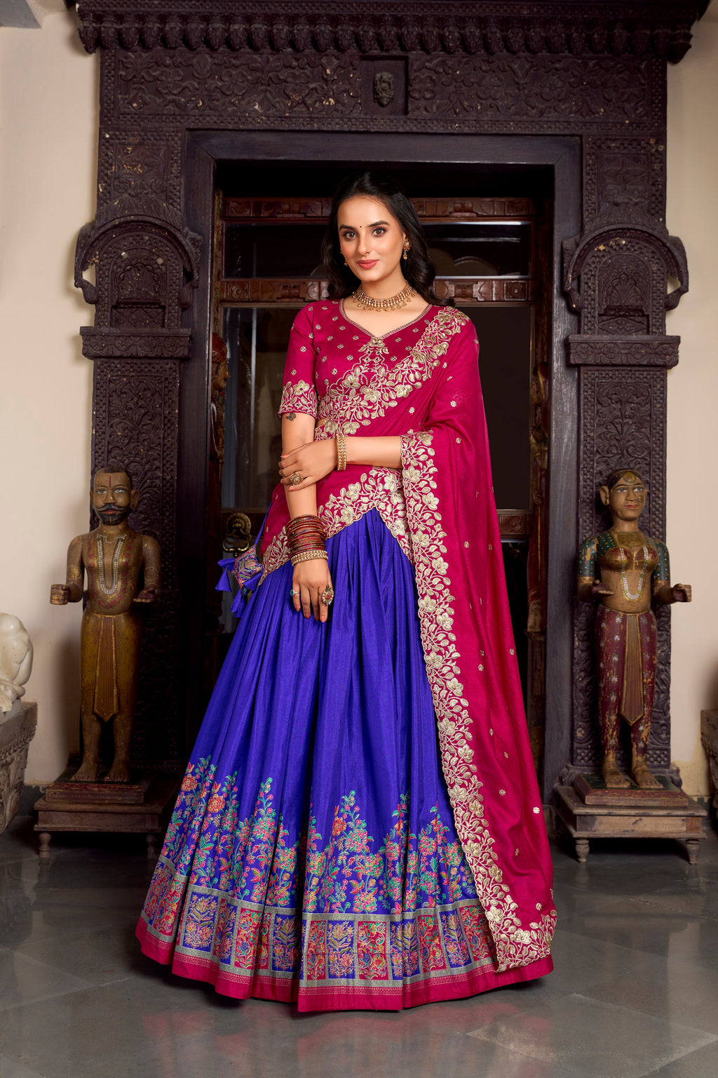 Lorenvalley Royal Blue Tussar Silk Printed With Foil Work Lehenga Choli with Dupatta