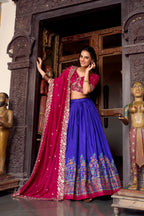 Lorenvalley Royal Blue Tussar Silk Printed With Foil Work Lehenga Choli with Dupatta