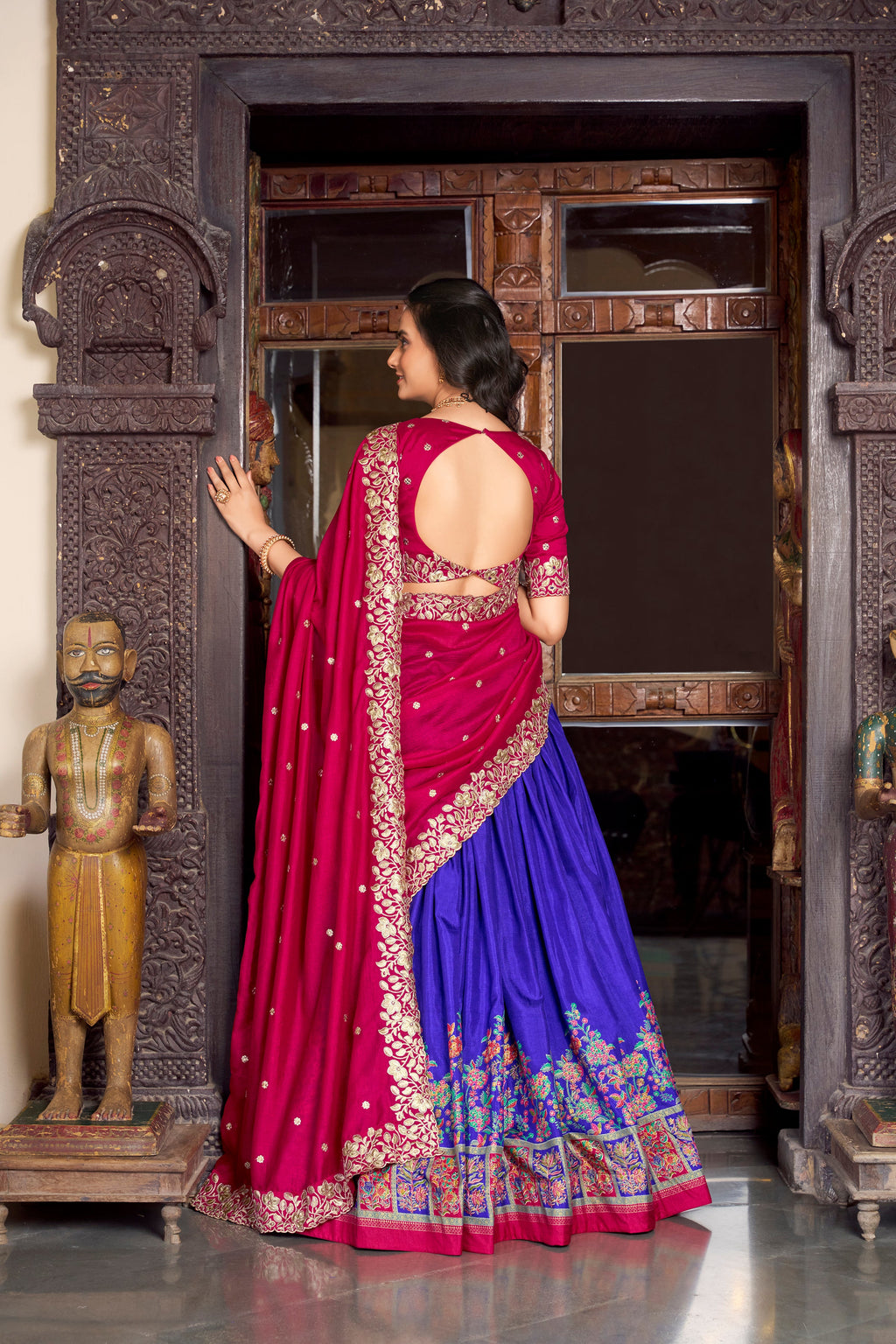 Lorenvalley Royal Blue Tussar Silk Printed With Foil Work Lehenga Choli with Dupatta