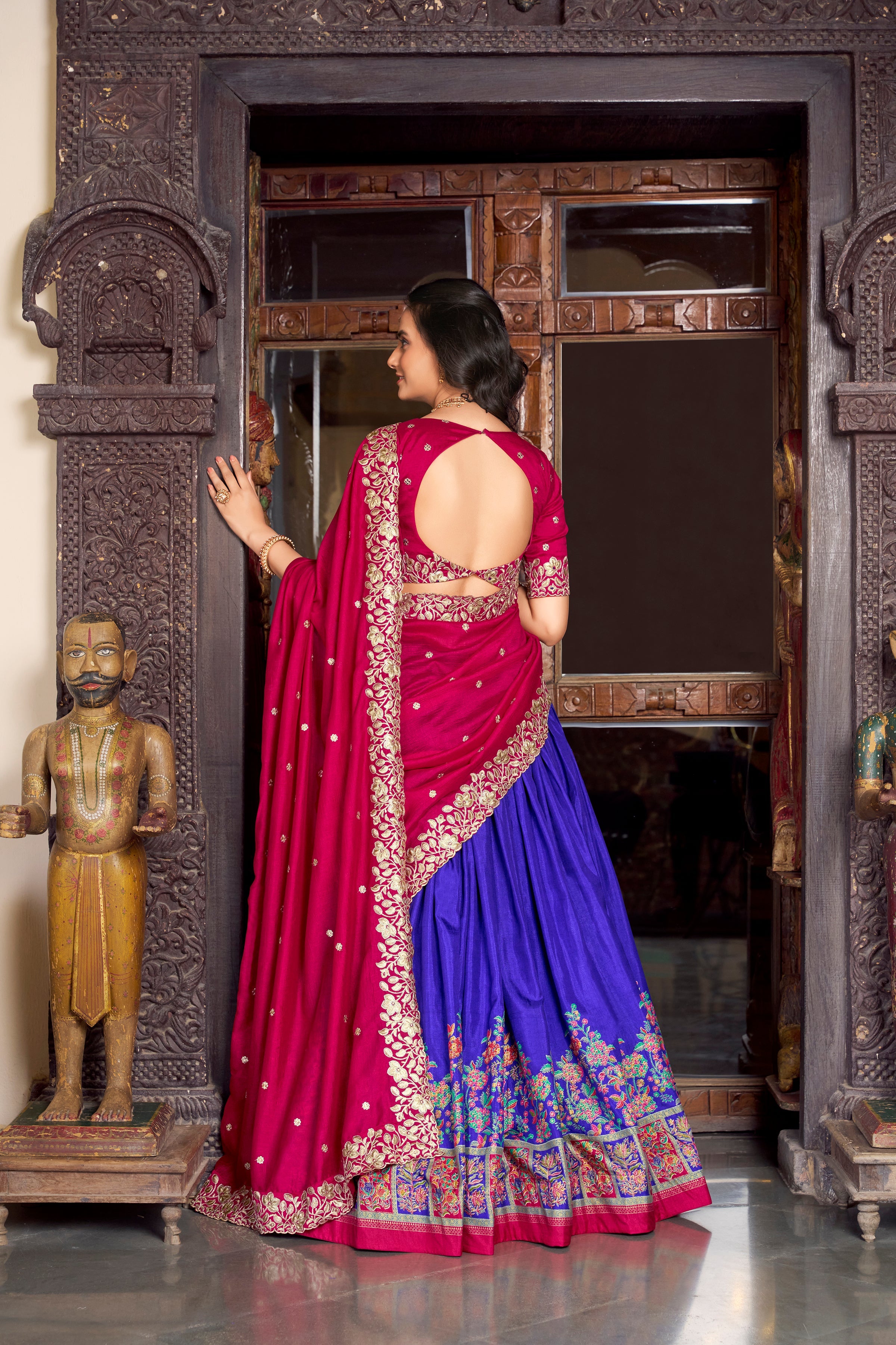 Lorenvalley Royal Blue Tussar Silk Printed With Foil Work Lehenga Choli with Dupatta