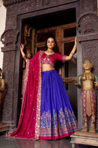 Lorenvalley Royal Blue Tussar Silk Printed With Foil Work Lehenga Choli with Dupatta