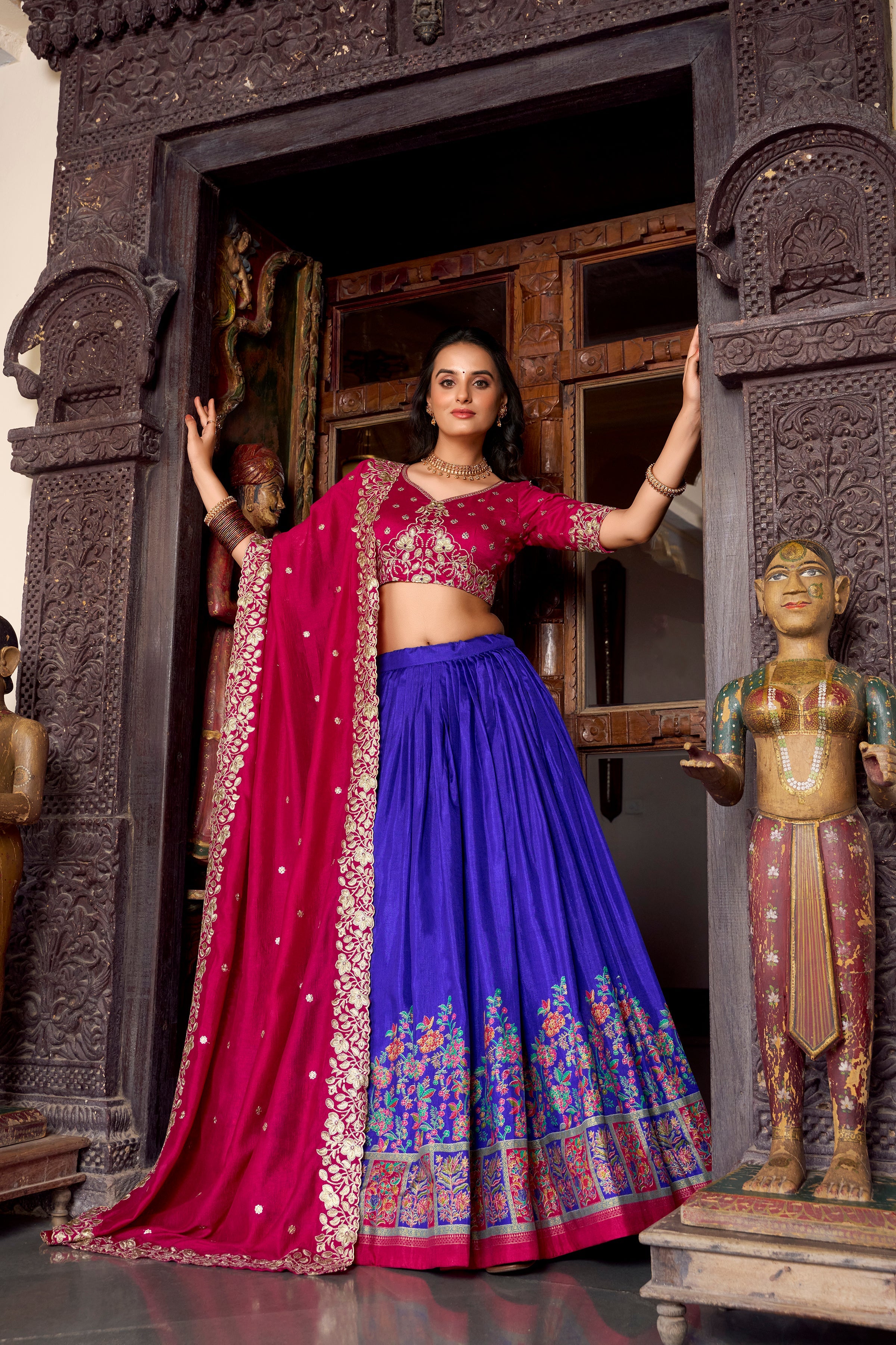 Lorenvalley Royal Blue Tussar Silk Printed With Foil Work Lehenga Choli with Dupatta