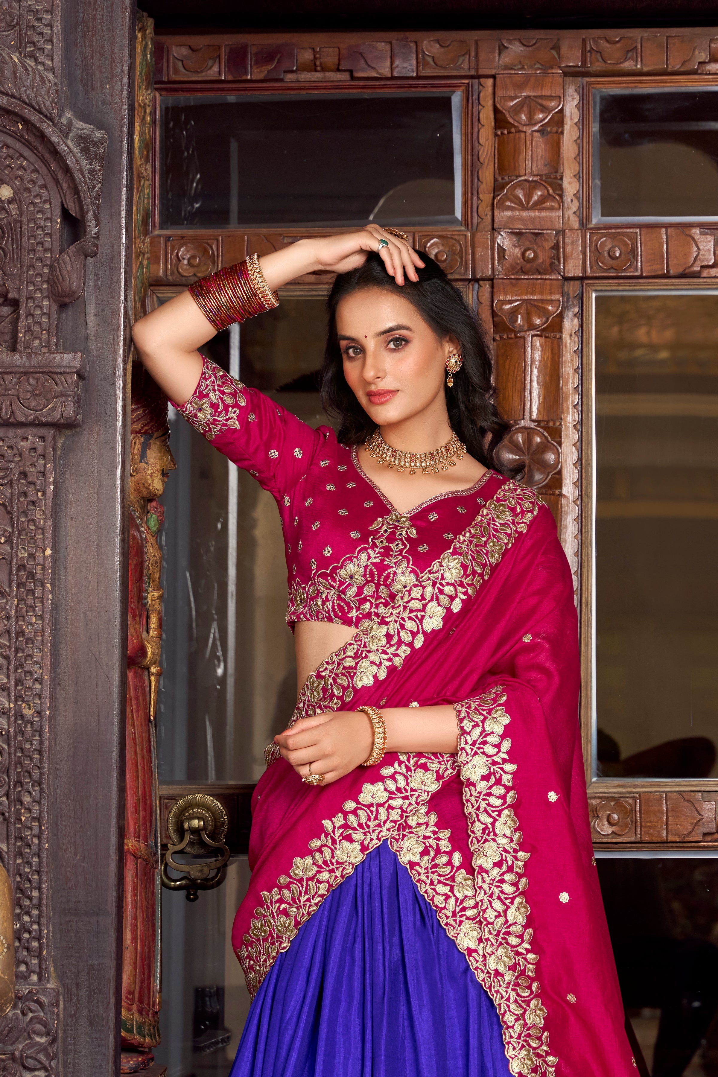 Lorenvalley Royal Blue Tussar Silk Printed With Foil Work Lehenga Choli with Dupatta