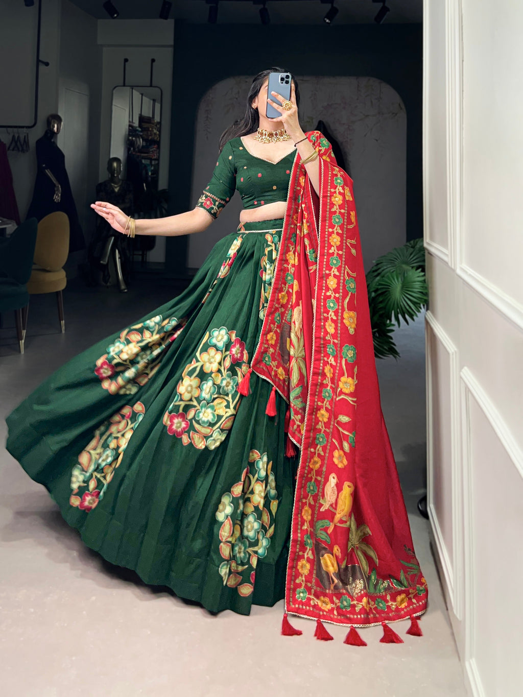 Lorenvalley Green Tussar Silk Printed And Foil Work With Lace Touch Up Lehenga Choli with Dupatta