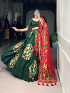Lorenvalley Green Tussar Silk Printed And Foil Work With Lace Touch Up Lehenga Choli with Dupatta