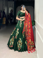 Lorenvalley Green Tussar Silk Printed And Foil Work With Lace Touch Up Lehenga Choli with Dupatta