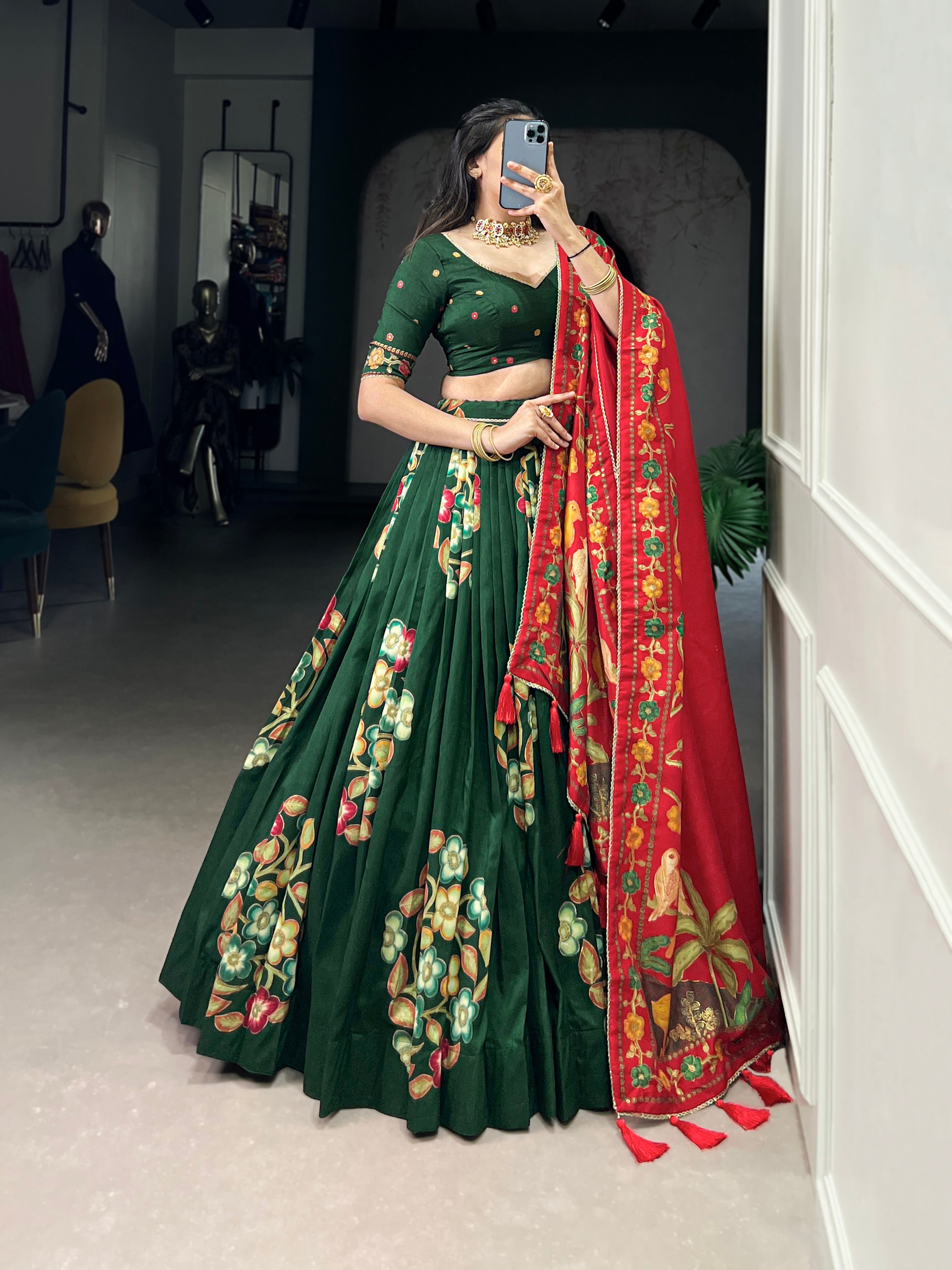 Lorenvalley Green Tussar Silk Printed And Foil Work With Lace Touch Up Lehenga Choli with Dupatta