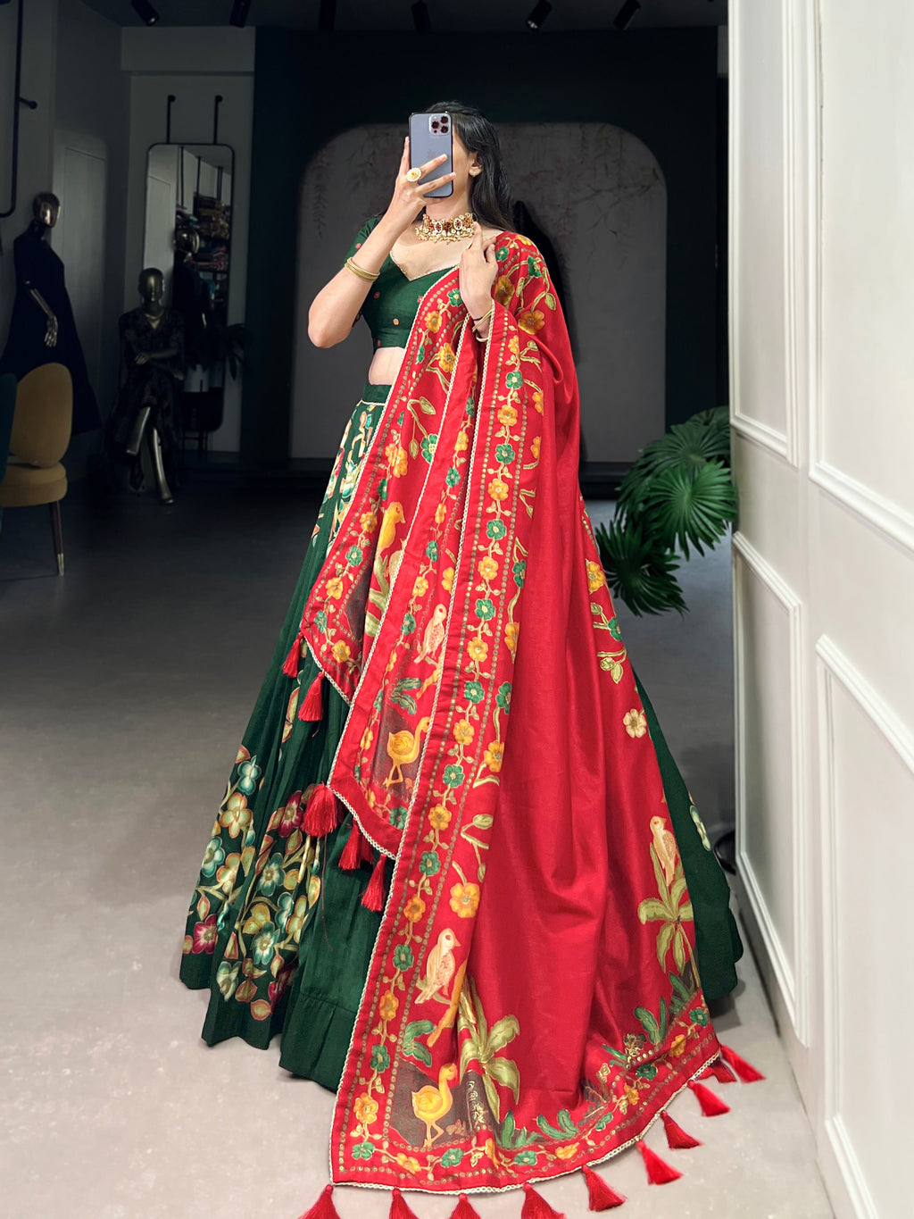 Lorenvalley Green Tussar Silk Printed And Foil Work With Lace Touch Up Lehenga Choli with Dupatta