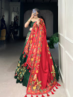 Lorenvalley Green Tussar Silk Printed And Foil Work With Lace Touch Up Lehenga Choli with Dupatta