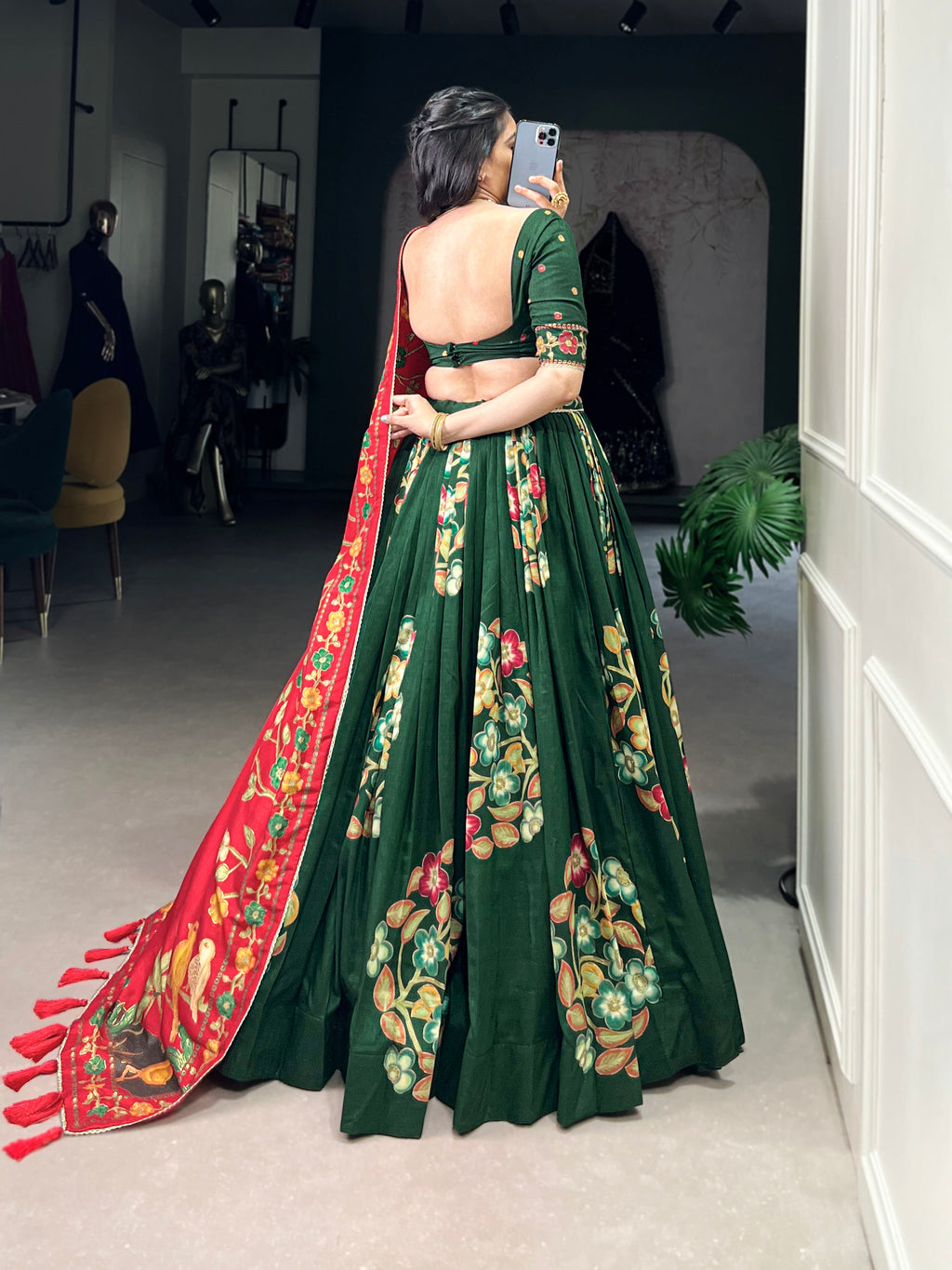 Lorenvalley Green Tussar Silk Printed And Foil Work With Lace Touch Up Lehenga Choli with Dupatta