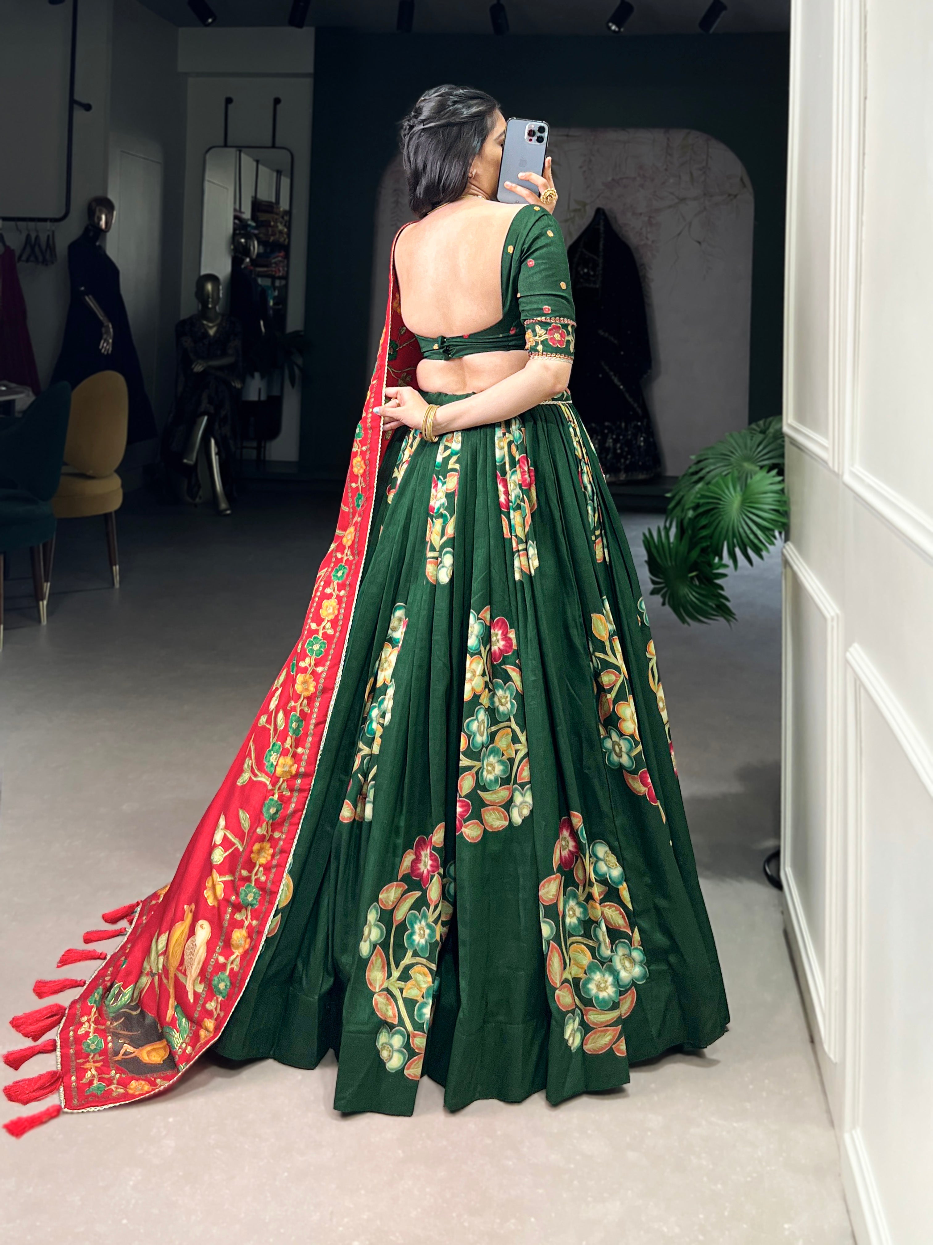 Lorenvalley Green Tussar Silk Printed And Foil Work With Lace Touch Up Lehenga Choli with Dupatta