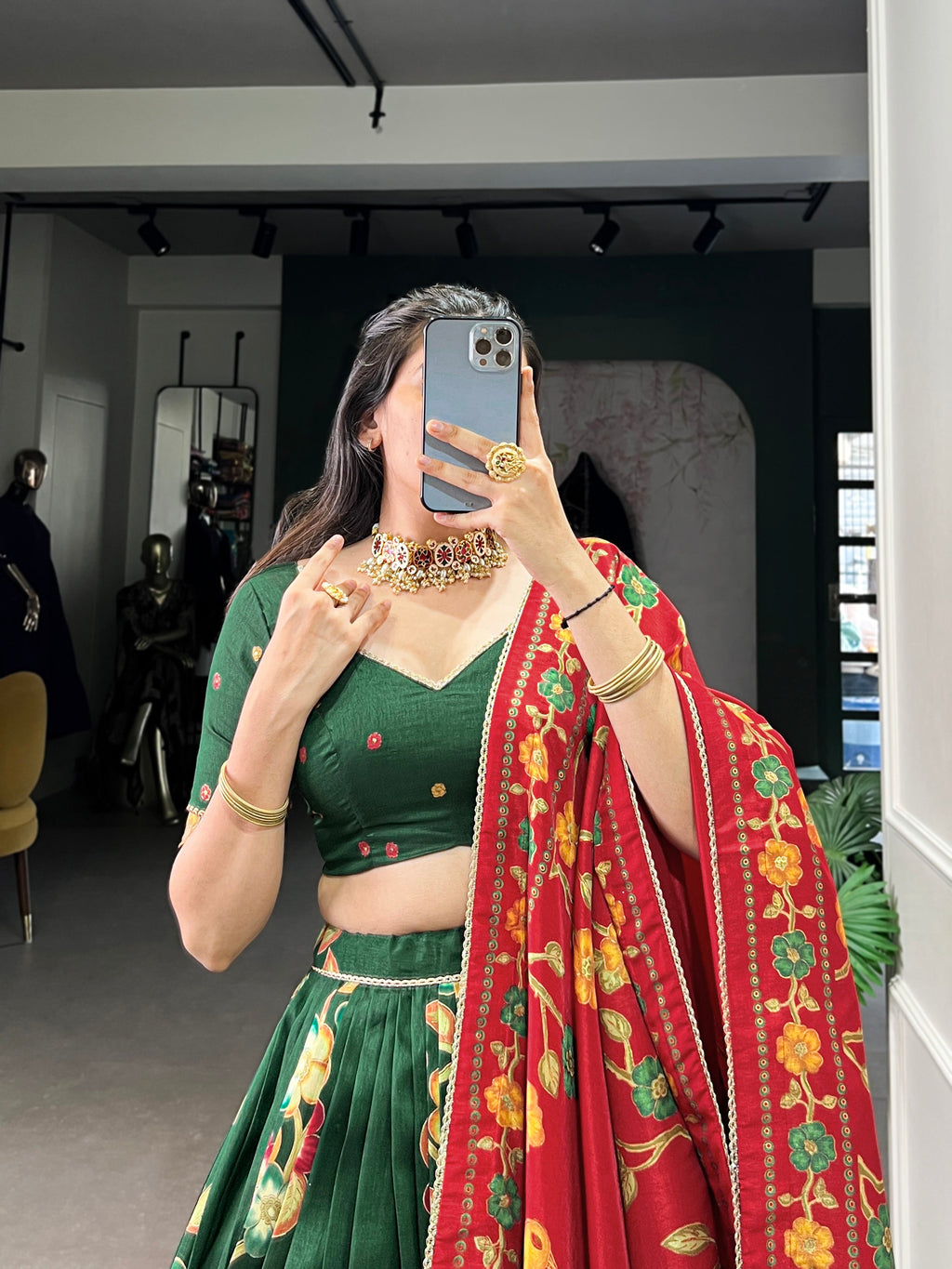Lorenvalley Green Tussar Silk Printed And Foil Work With Lace Touch Up Lehenga Choli with Dupatta