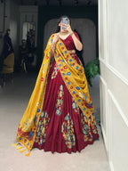 Lorenvalley Maroon Tussar Silk Printed And Foil Work With Lace Touch Up Lehenga Choli with Dupatta