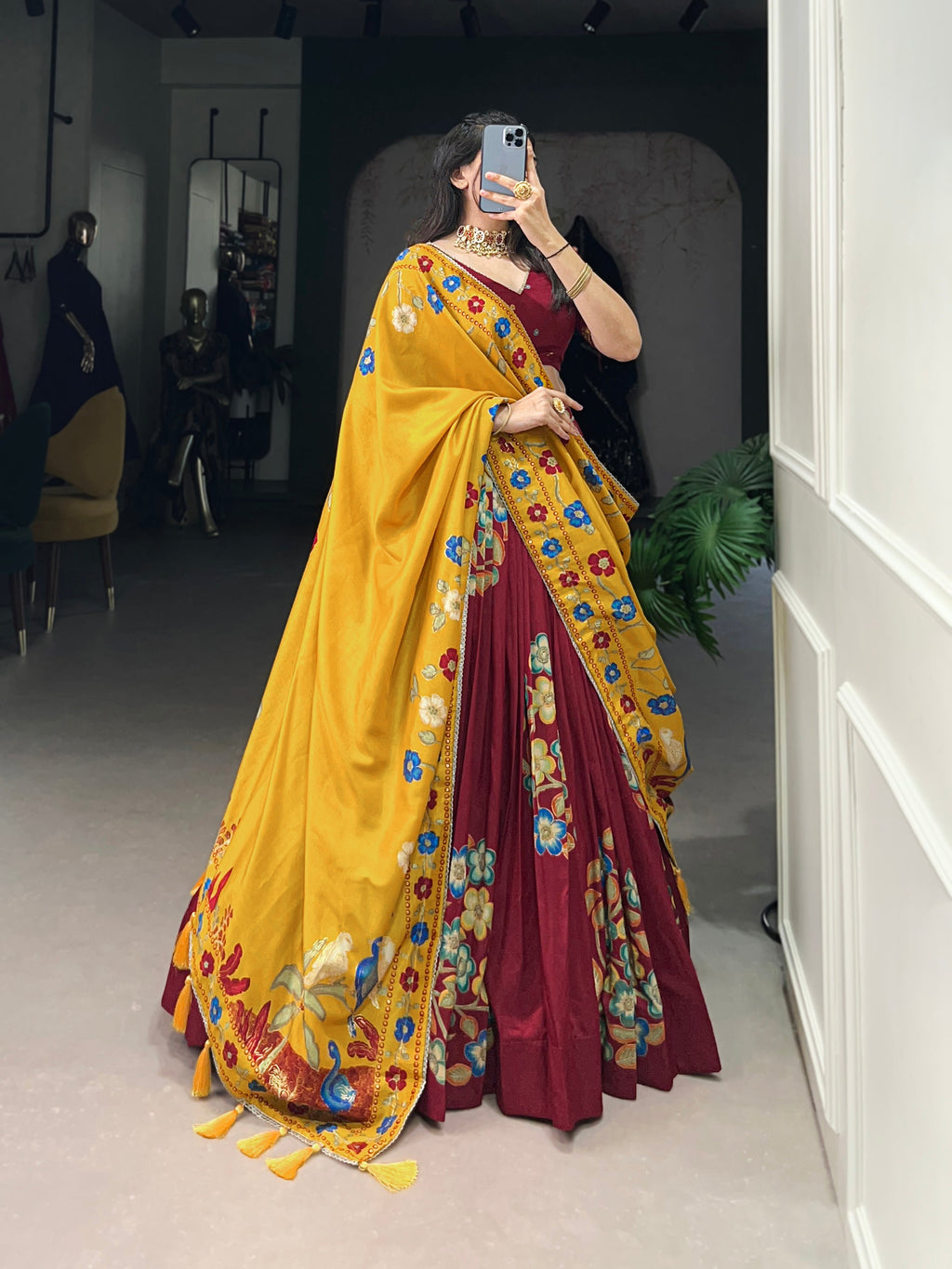 Lorenvalley Maroon Tussar Silk Printed And Foil Work With Lace Touch Up Lehenga Choli with Dupatta