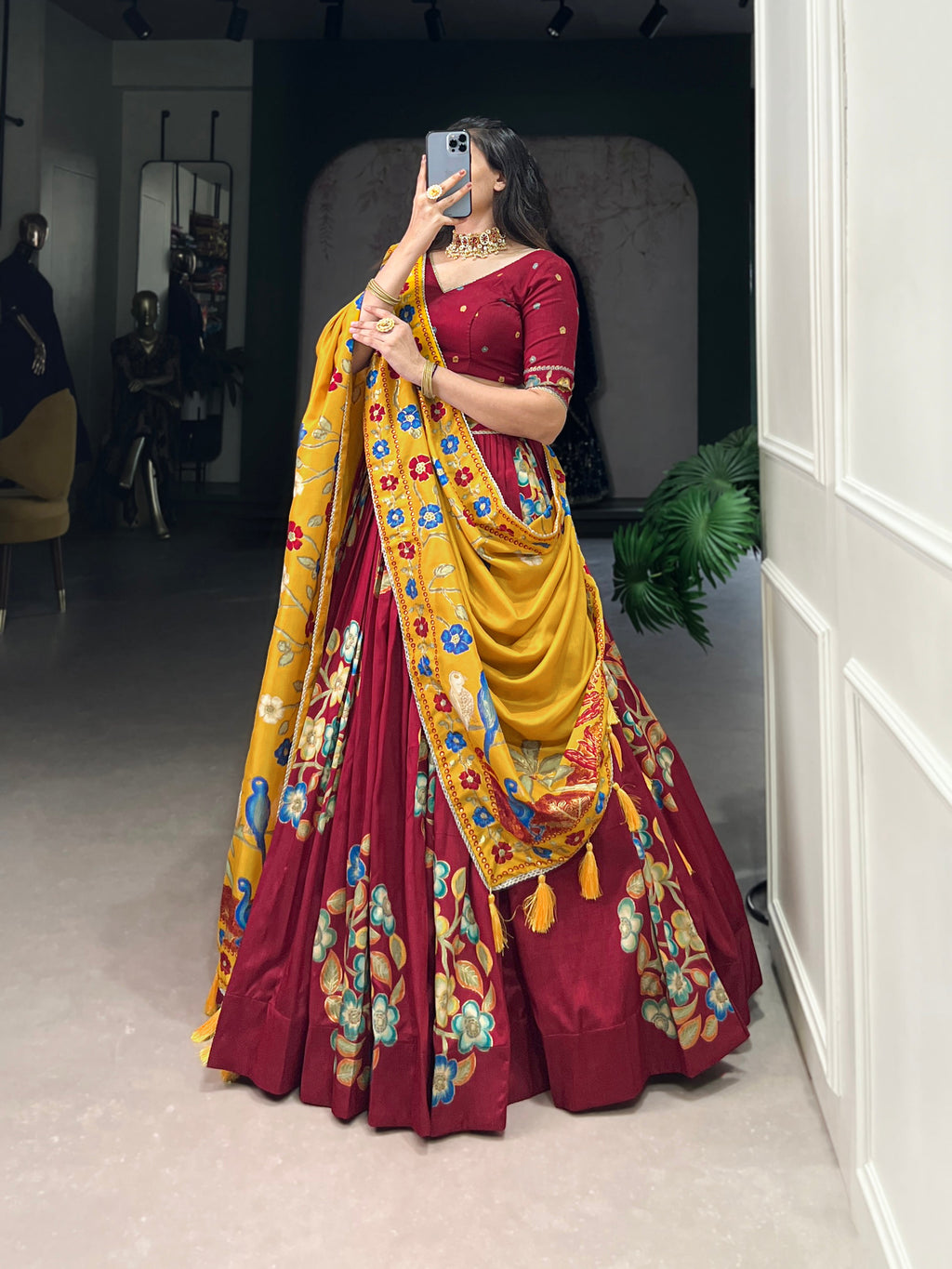 Lorenvalley Maroon Tussar Silk Printed And Foil Work With Lace Touch Up Lehenga Choli with Dupatta