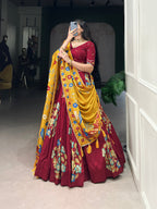 Lorenvalley Maroon Tussar Silk Printed And Foil Work With Lace Touch Up Lehenga Choli with Dupatta