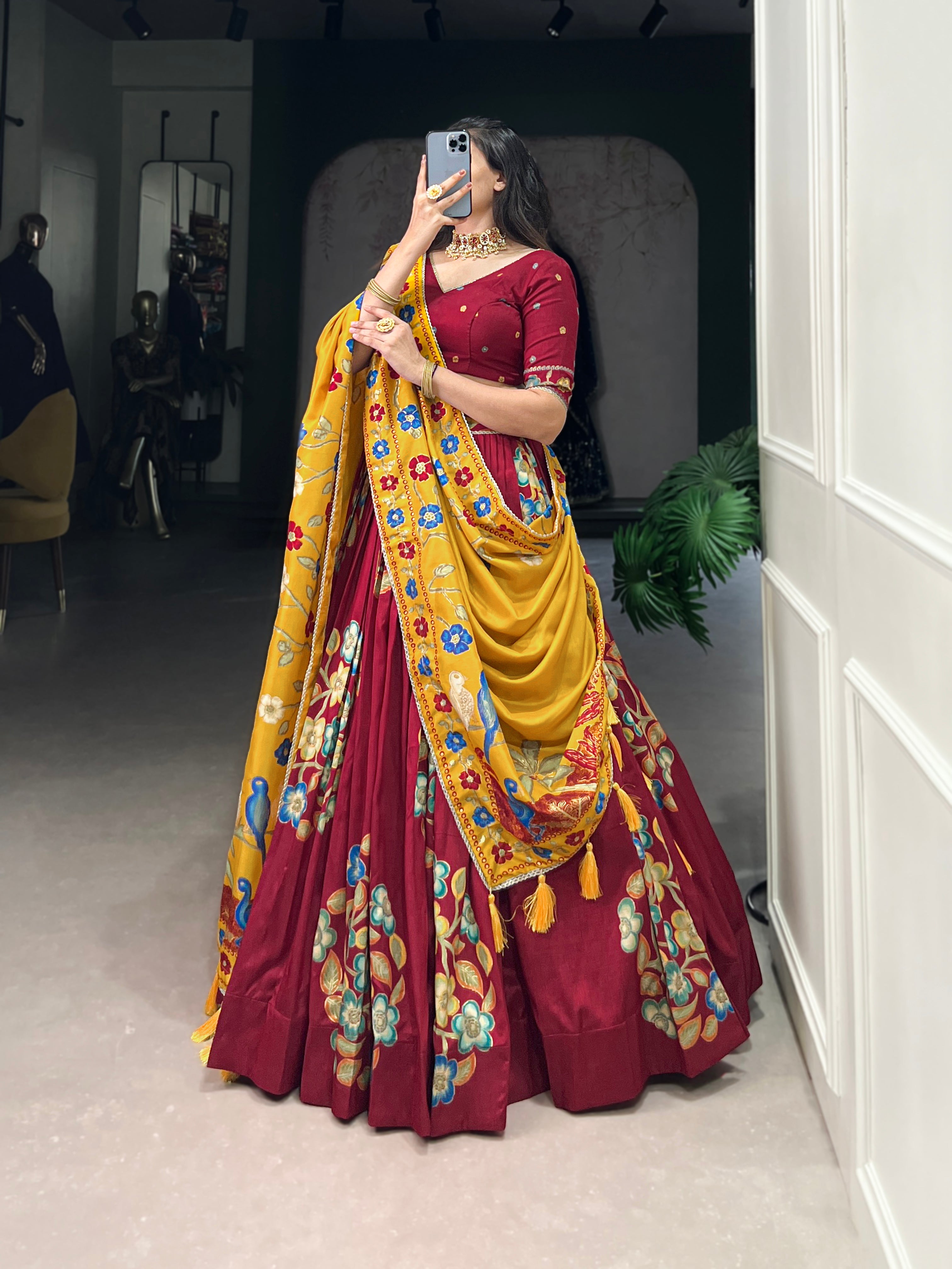Lorenvalley Maroon Tussar Silk Printed And Foil Work With Lace Touch Up Lehenga Choli with Dupatta