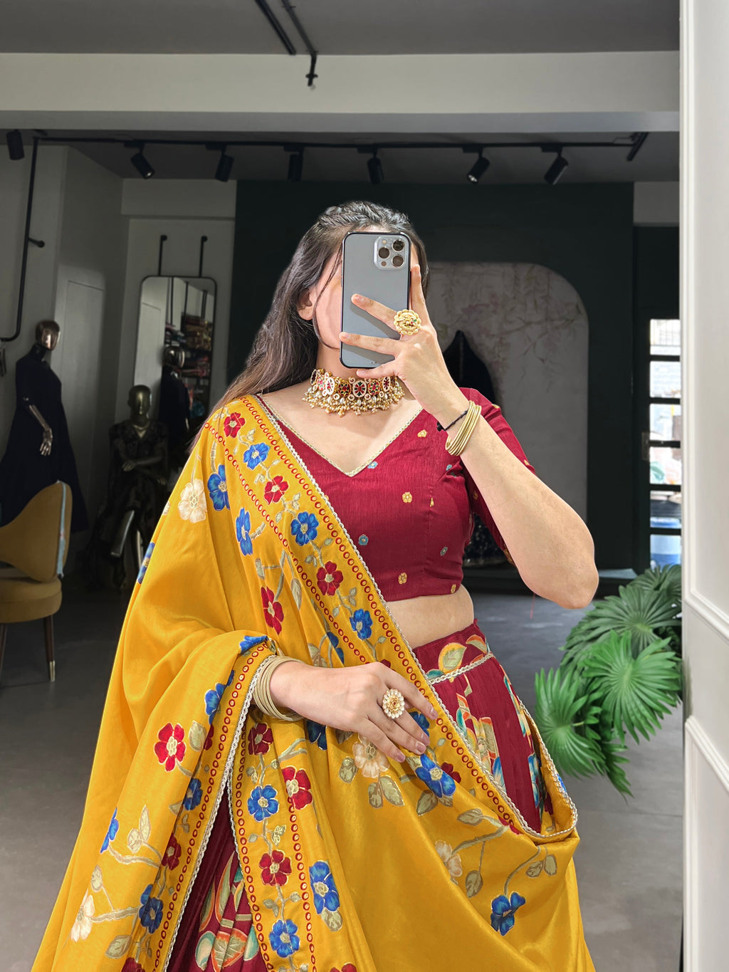 Lorenvalley Maroon Tussar Silk Printed And Foil Work With Lace Touch Up Lehenga Choli with Dupatta