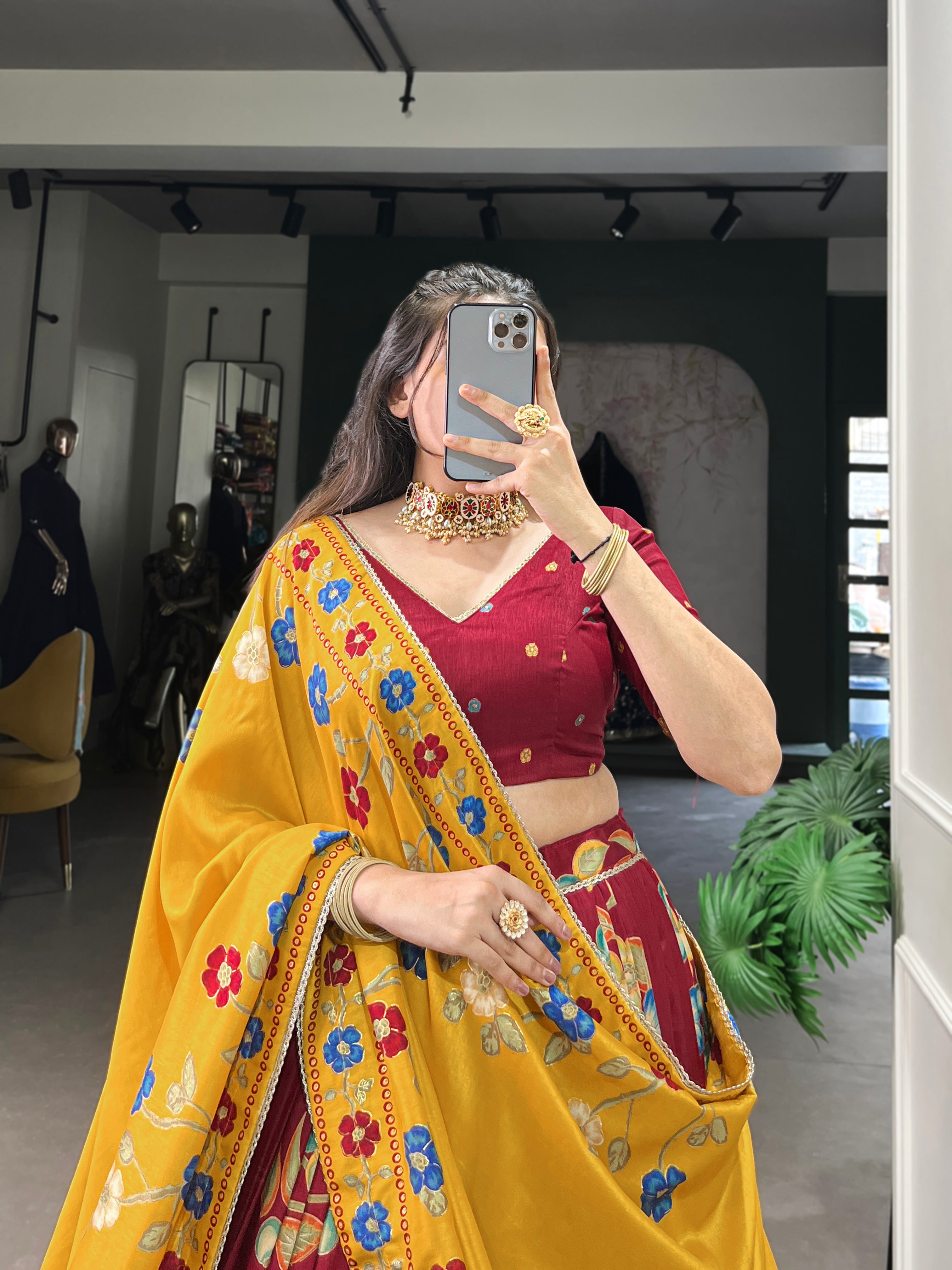 Lorenvalley Maroon Tussar Silk Printed And Foil Work With Lace Touch Up Lehenga Choli with Dupatta