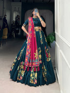 Lorenvalley Teal Tussar Silk Printed And Foil Work With Lace Touch Up Lehenga Choli with Dupatta