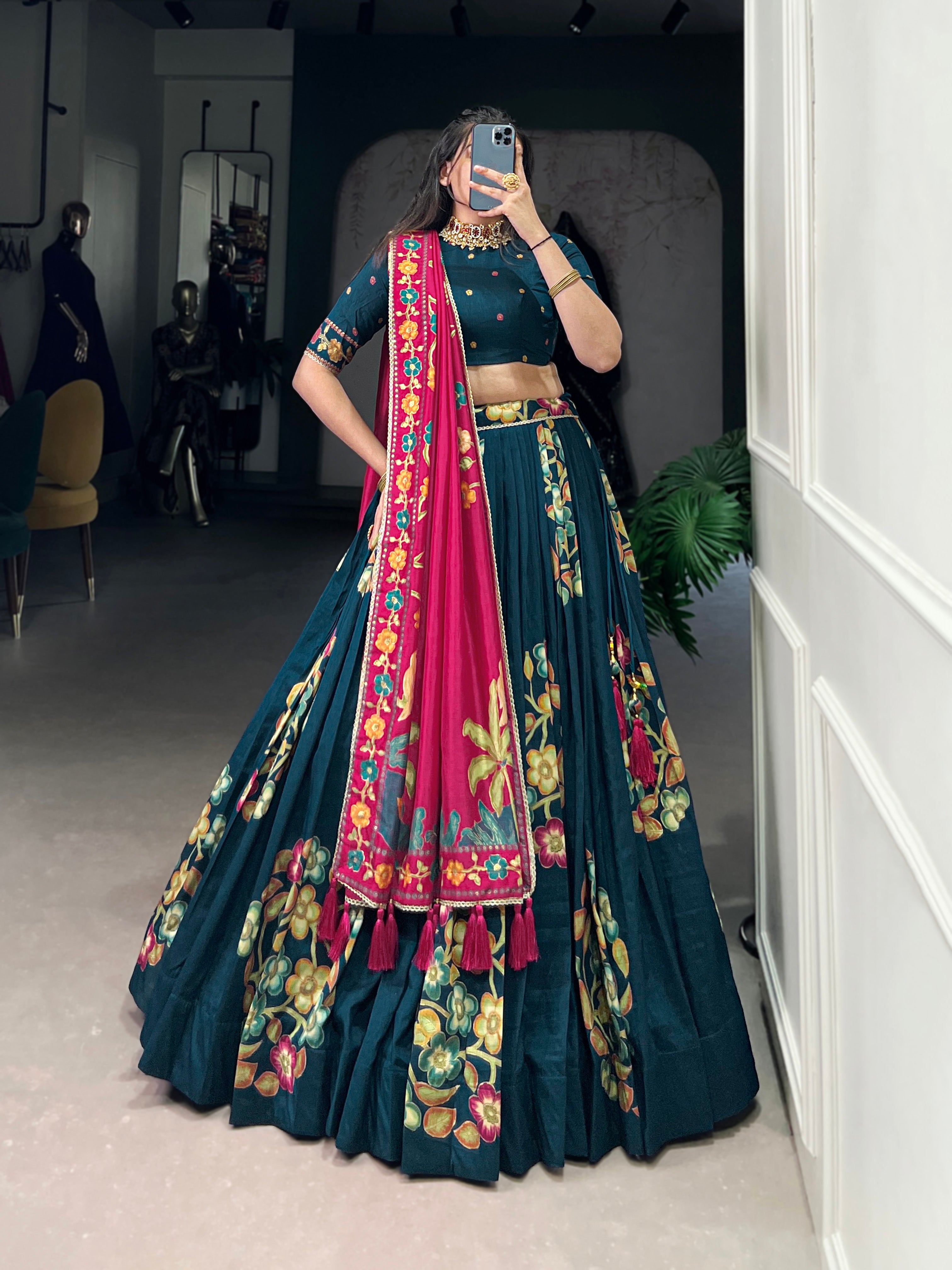 Lorenvalley Teal Tussar Silk Printed And Foil Work With Lace Touch Up Lehenga Choli with Dupatta