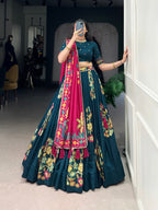 Lorenvalley Teal Tussar Silk Printed And Foil Work With Lace Touch Up Lehenga Choli with Dupatta