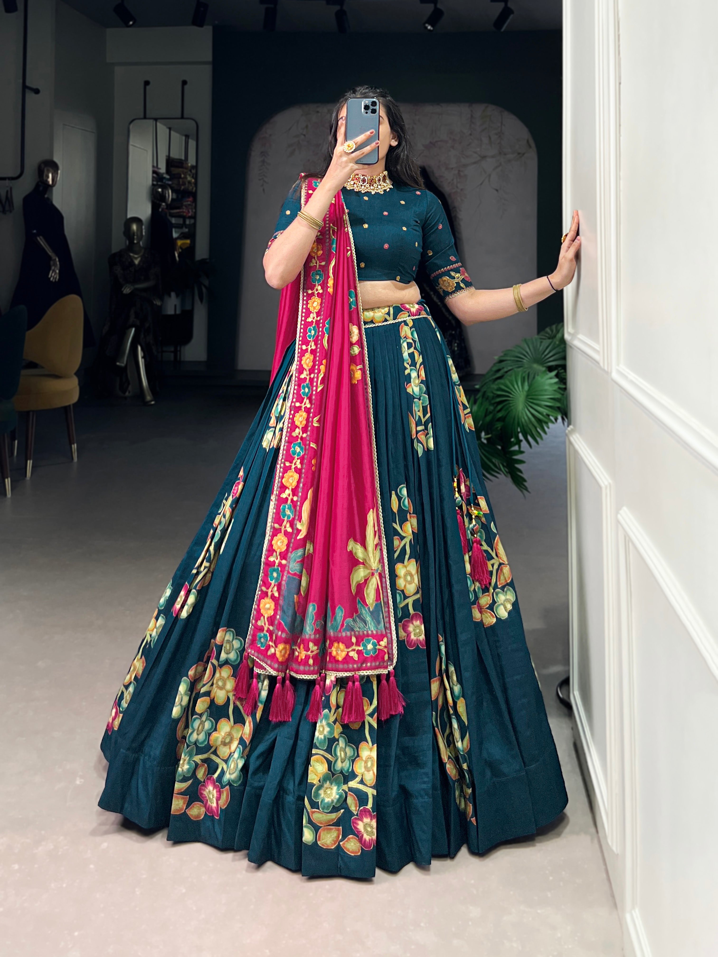Lorenvalley Teal Tussar Silk Printed And Foil Work With Lace Touch Up Lehenga Choli with Dupatta