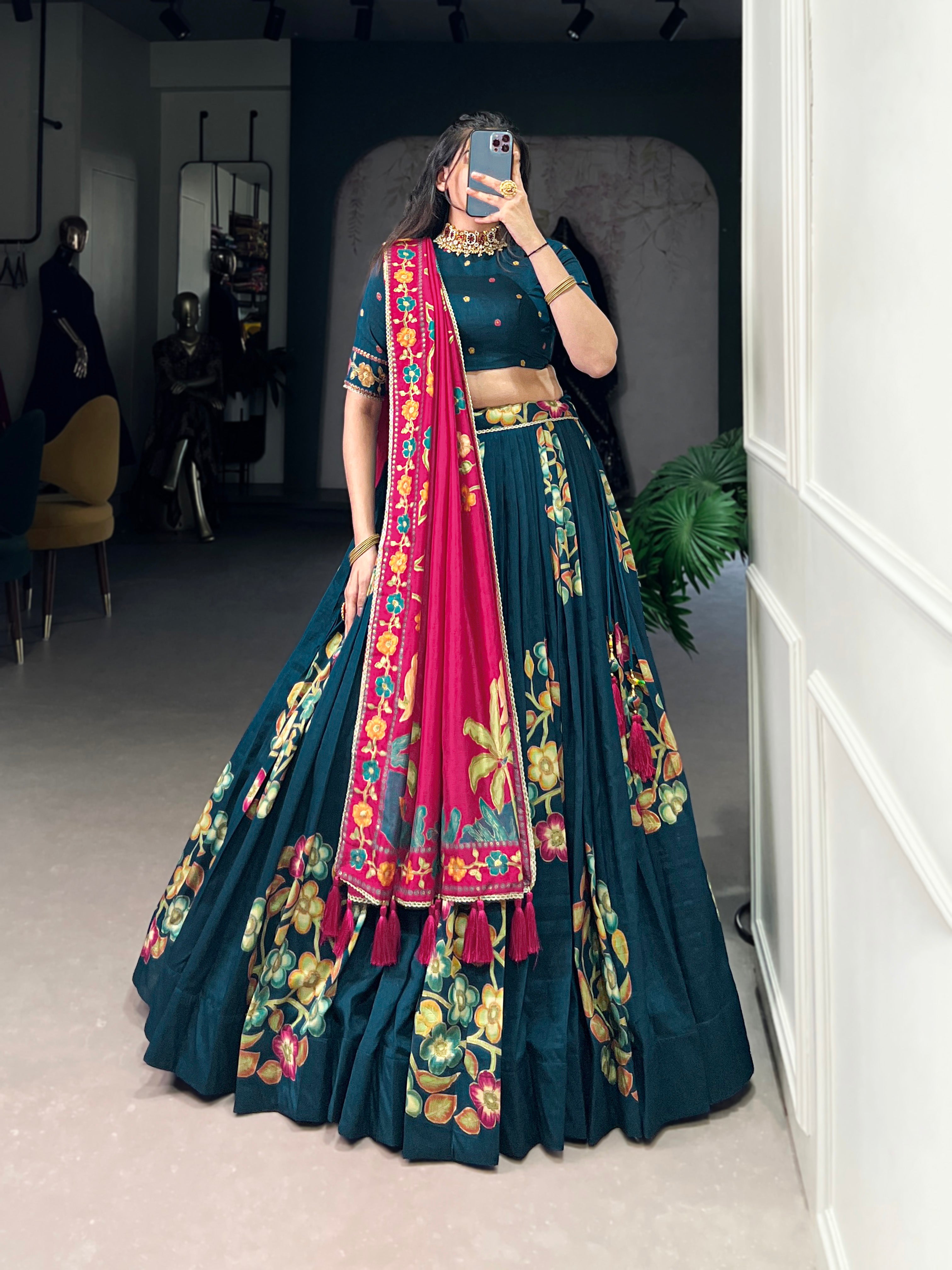 Lorenvalley Teal Tussar Silk Printed And Foil Work With Lace Touch Up Lehenga Choli with Dupatta
